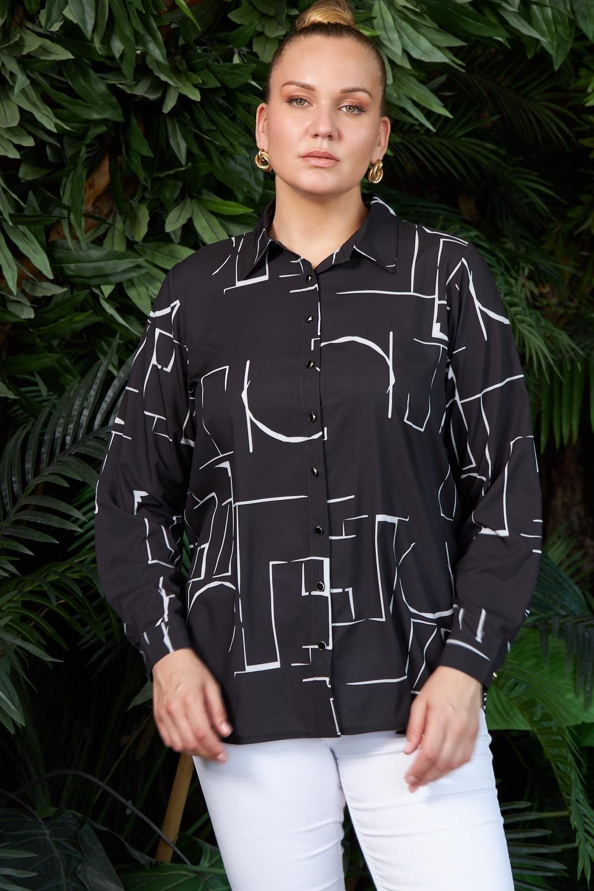 Rmg Geometrik Desenli Uzun Kol Büyük Beden Siyah Gömlek
