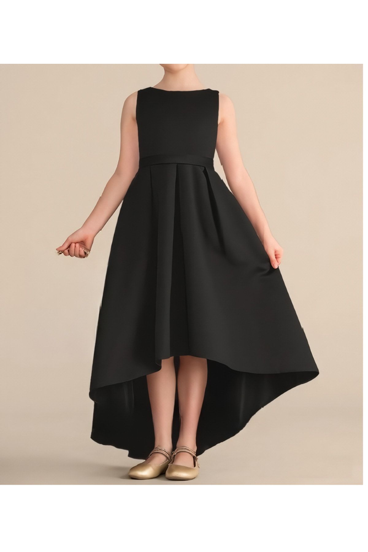 nsmkidslife Kız Çocuk Siyah Asimetrik Etek Detaylı Sade Şık Saten Mezuniyet Balo Elbisesi
