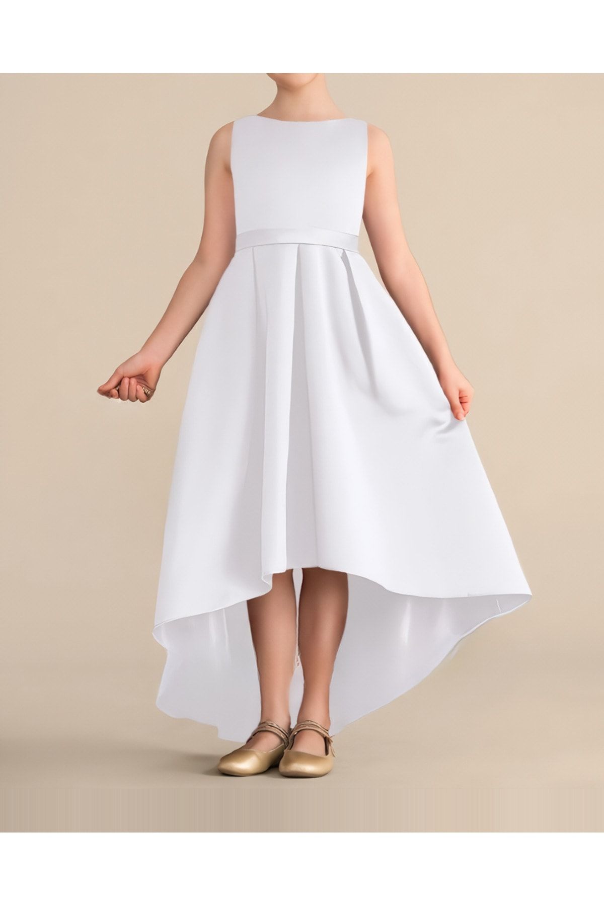 nsmkidslife Kız Çocuk Beyaz Asimetrik Etek Detaylı Sade Şık Saten Mezuniyet Doğum Günü parti Elbise