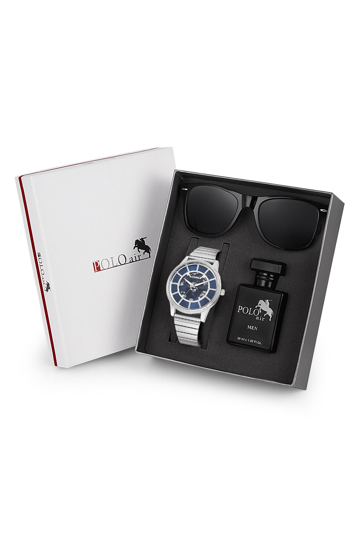 polo air Premium Set Kombin Erkek Kol Saati Parfüm Gözlük Set Gümüş-mavi Renk