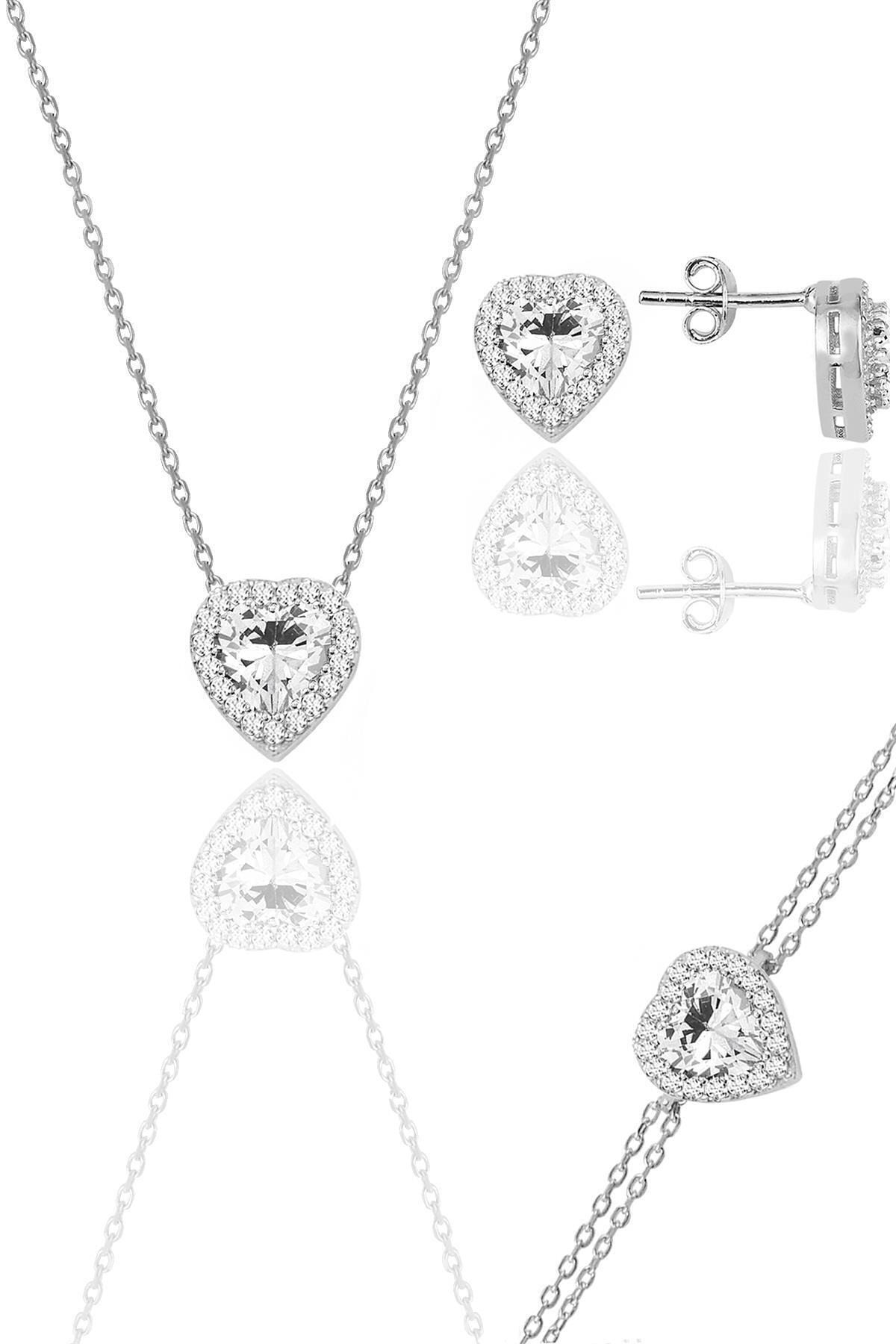 Söğütlü Silver Gümüş rodyumlu zirkon taşlı pırlanta modeli kalp kolye, küpe, bileklik üçlü set SGTL12211BEYAZ