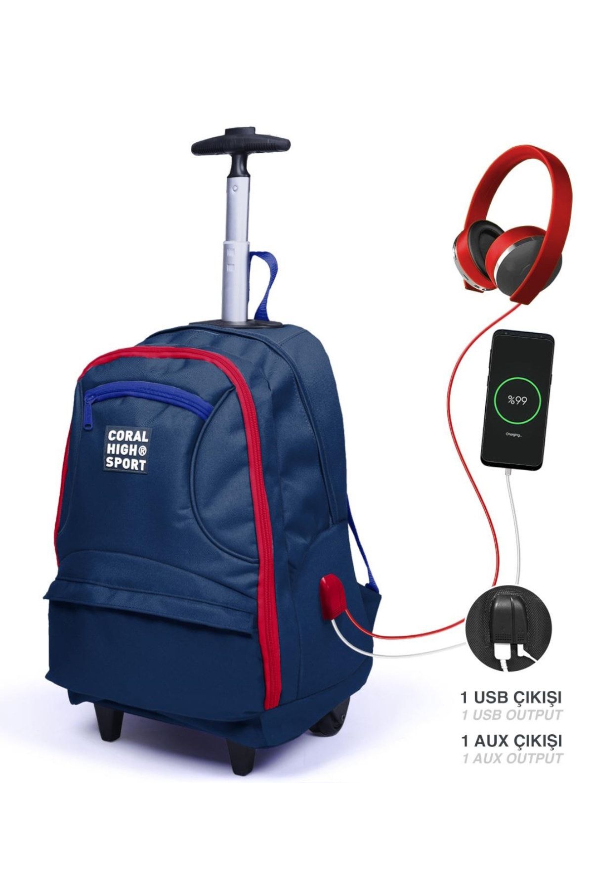 ELATAE Unisex Çok Gözlü Çekçekli Dört Bölmeli USB'li Tekerlekli Okul Çantası