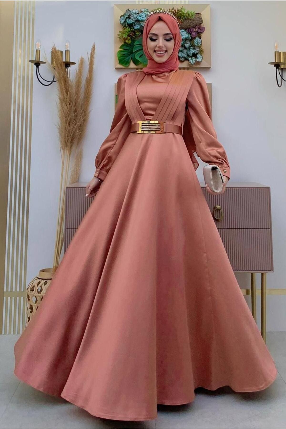 TRENDTESETTÜR Kadın Pembe (GÜLKURUSU) Kemerli Drape Detaylı Saten Abiye Elbise T 2973