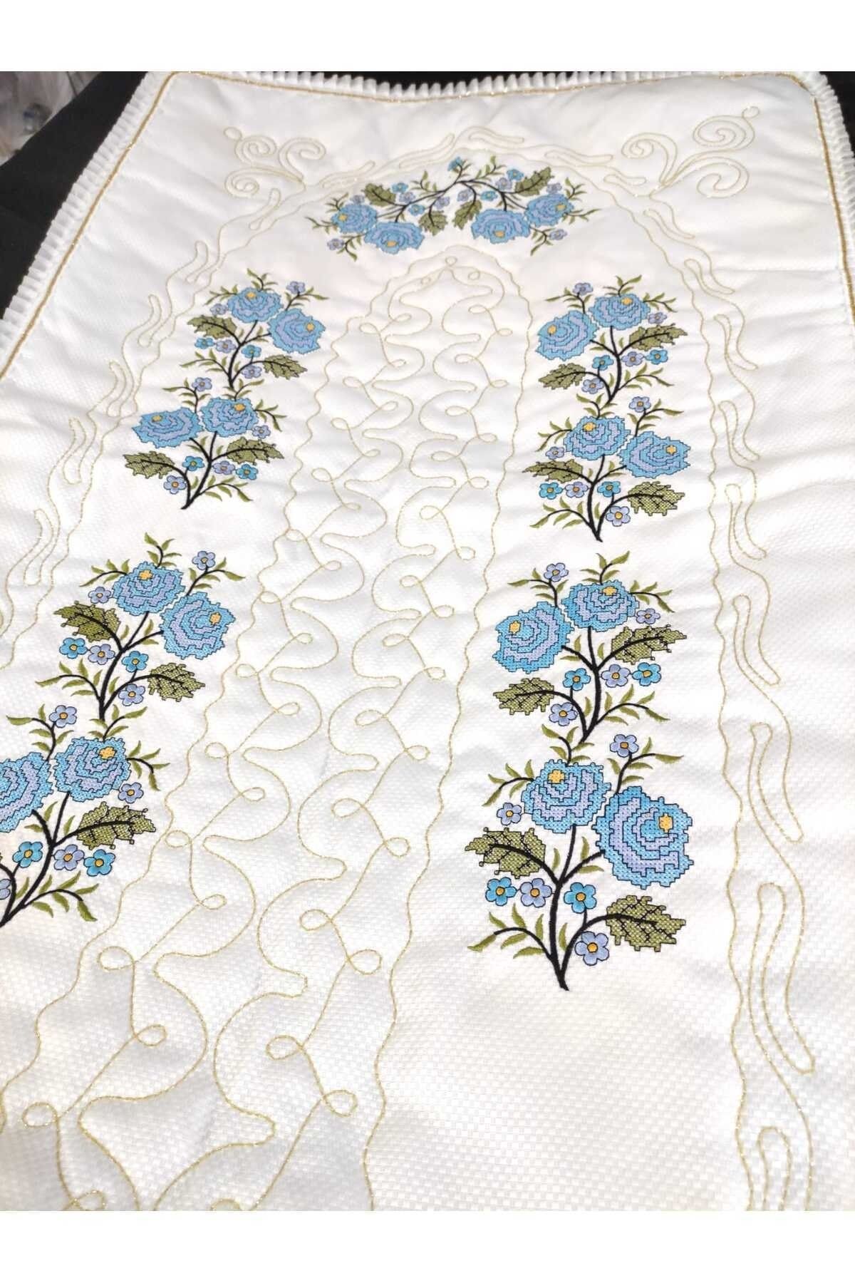 Çt Çeyizci Tekstil Kanaviçe Işlemeli Etamin Kumaş Tek Seccade - Mavi
