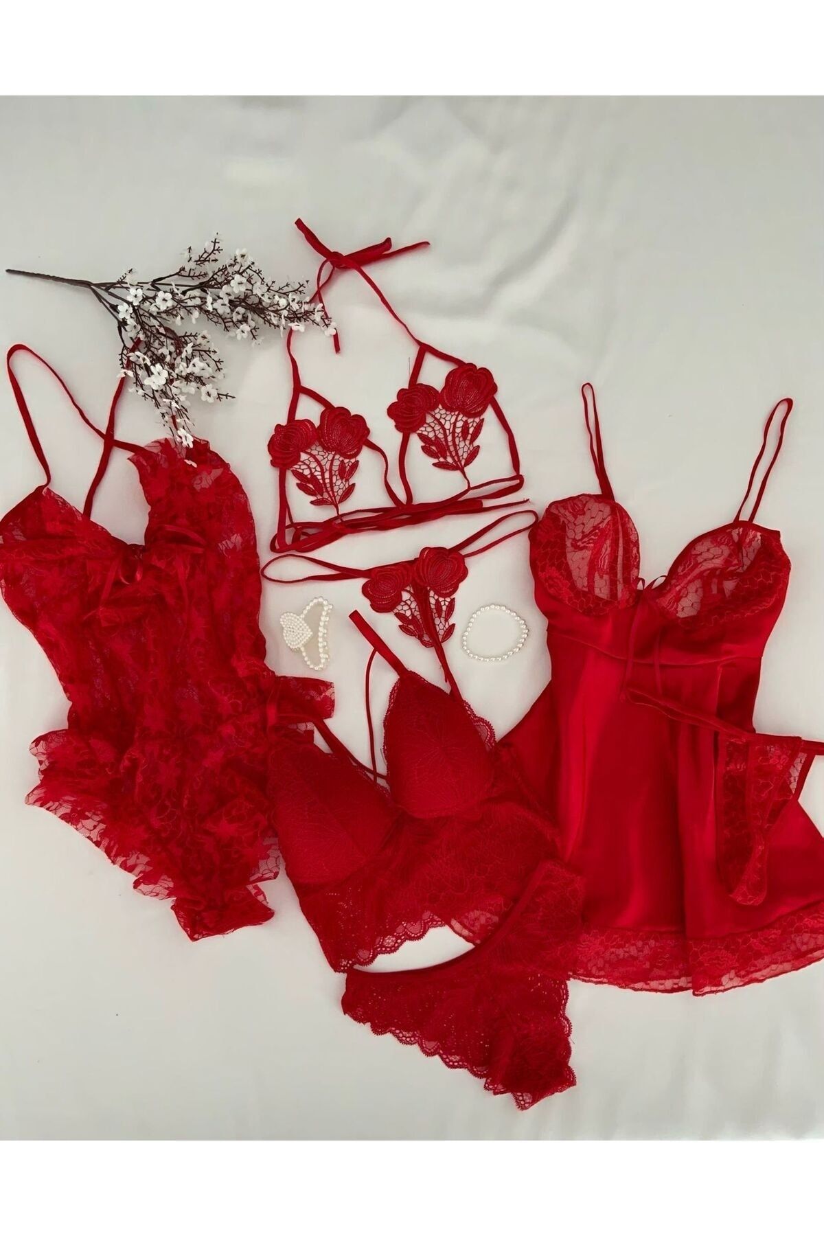 MH Moony Homewears 7'li Fantezi Kırmızı Gecelik İç Giyim Seti