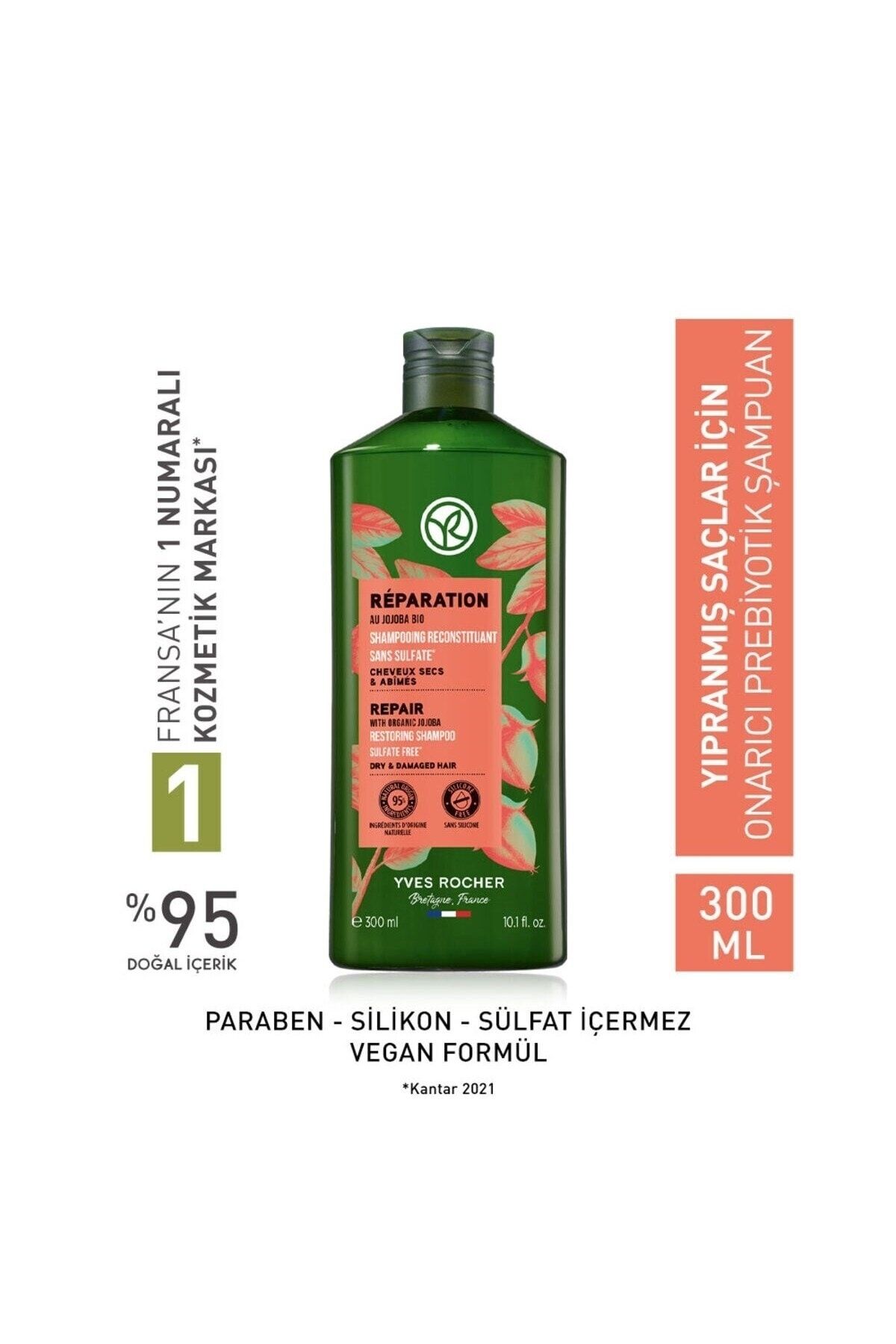 Yves Rocher Onarıcı Prebiyotik Şampuan Ypranmış Saçlar Reparation Organik Jojoba Yağı Omega 6 & 9 ve Agav 300 ml