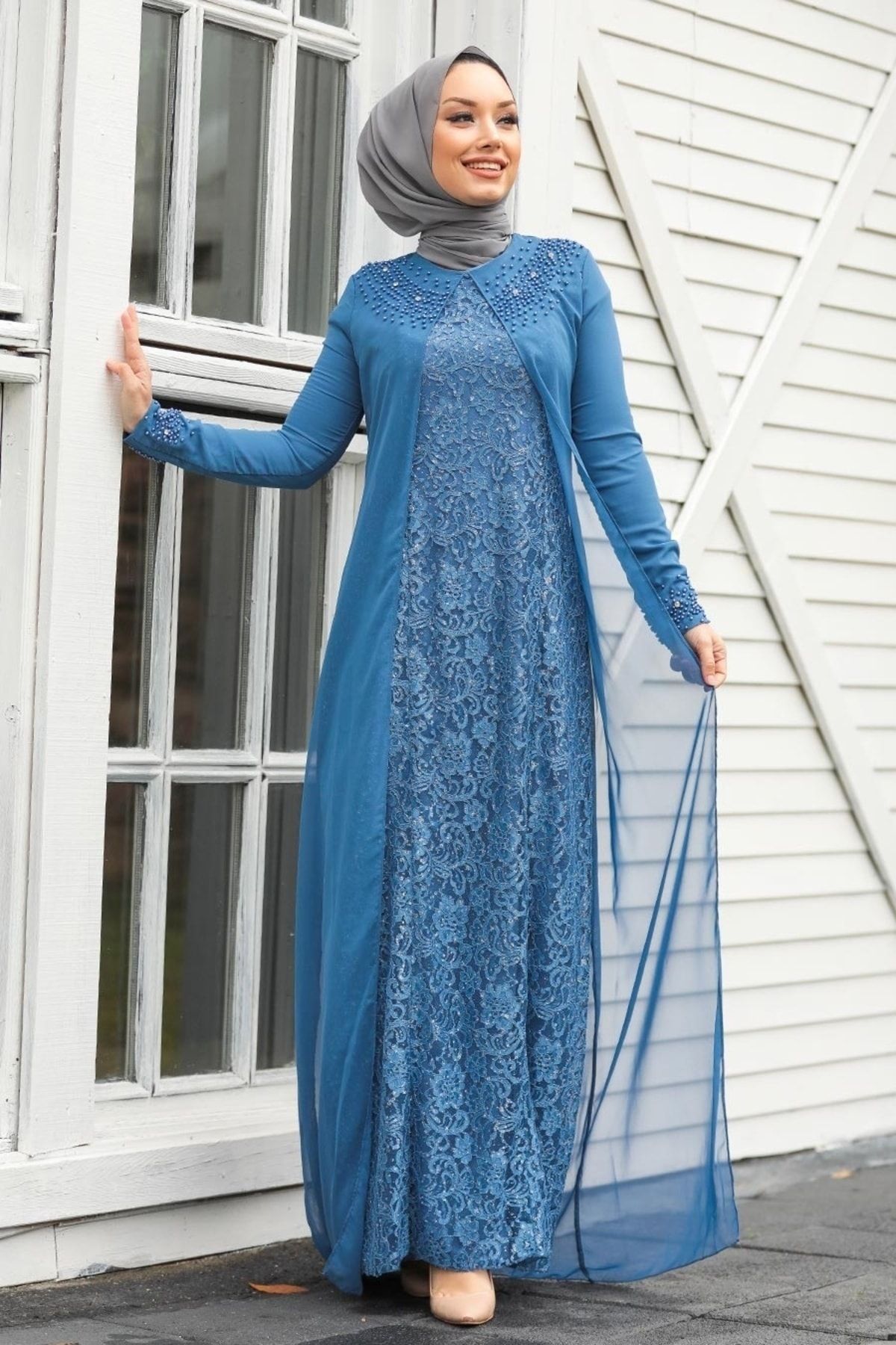 Neva Style - Dantelli Indigo Mavisi Tesettür Abiye Elbise 20803ım
