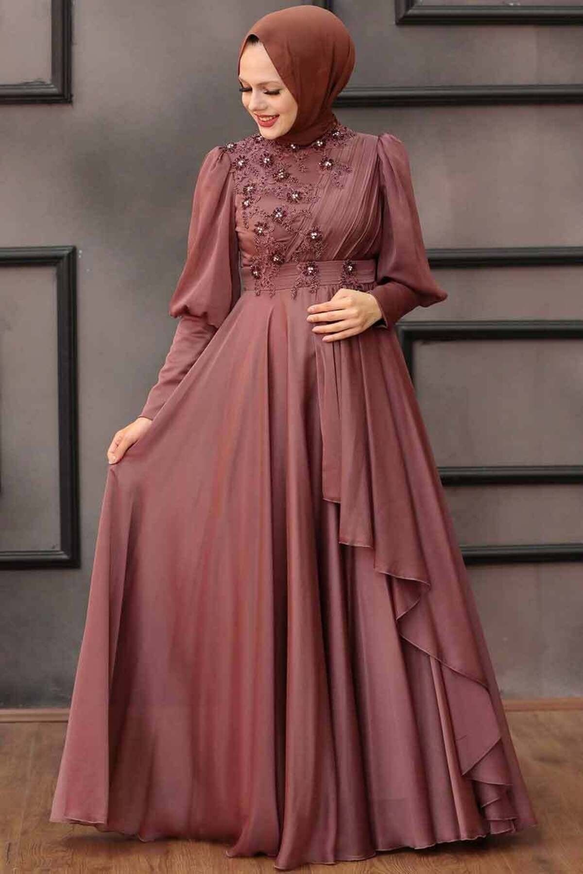 Neva Style Tesettürlü Abiye Elbise - Inci Detaylı Koyu Bakır Tesettür Abiye Elbise 21930kbkr