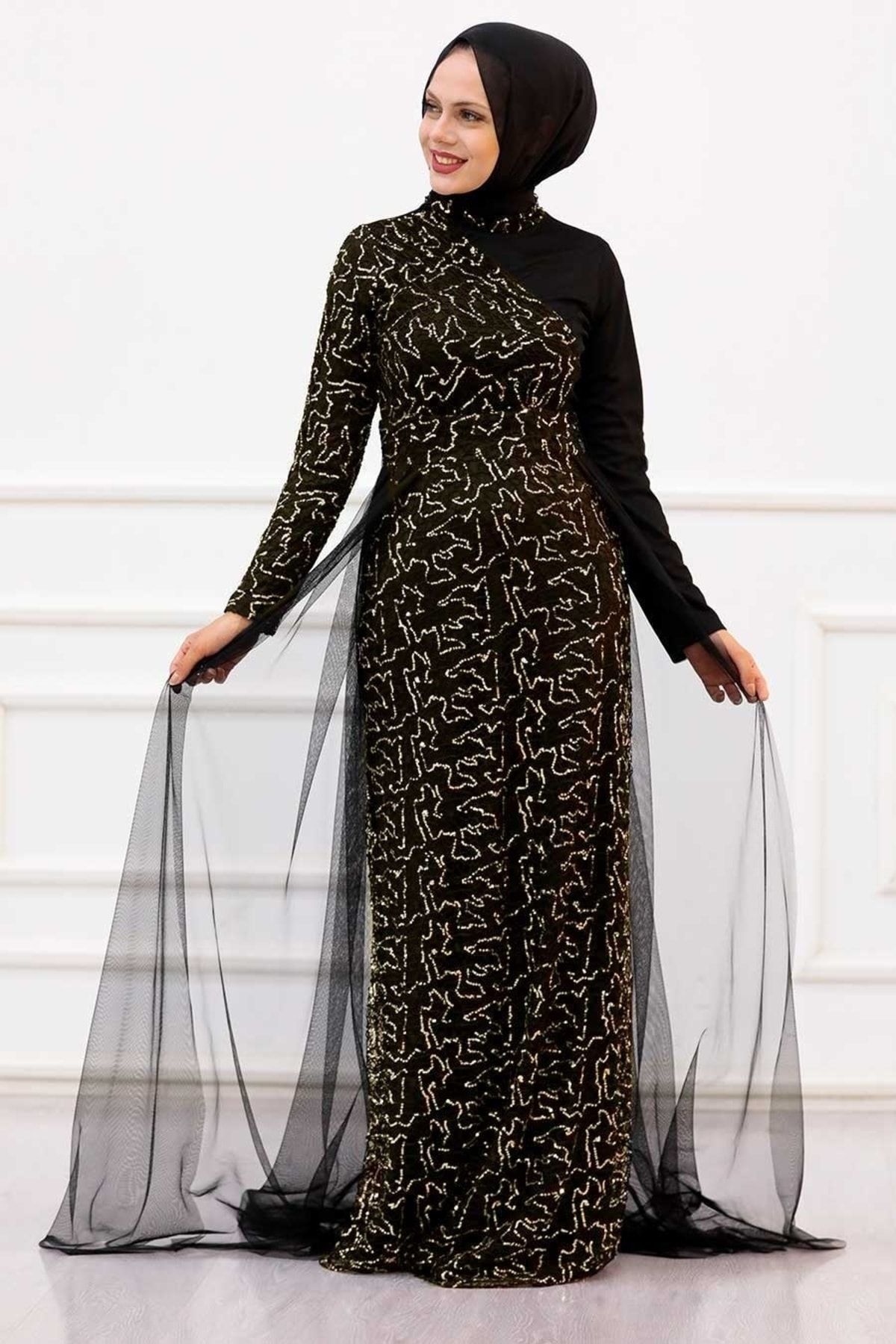 Neva Style Tesettürlü Abiye Elbise - Pul Payetli Gold Tesettür Abiye Elbise 5345gold