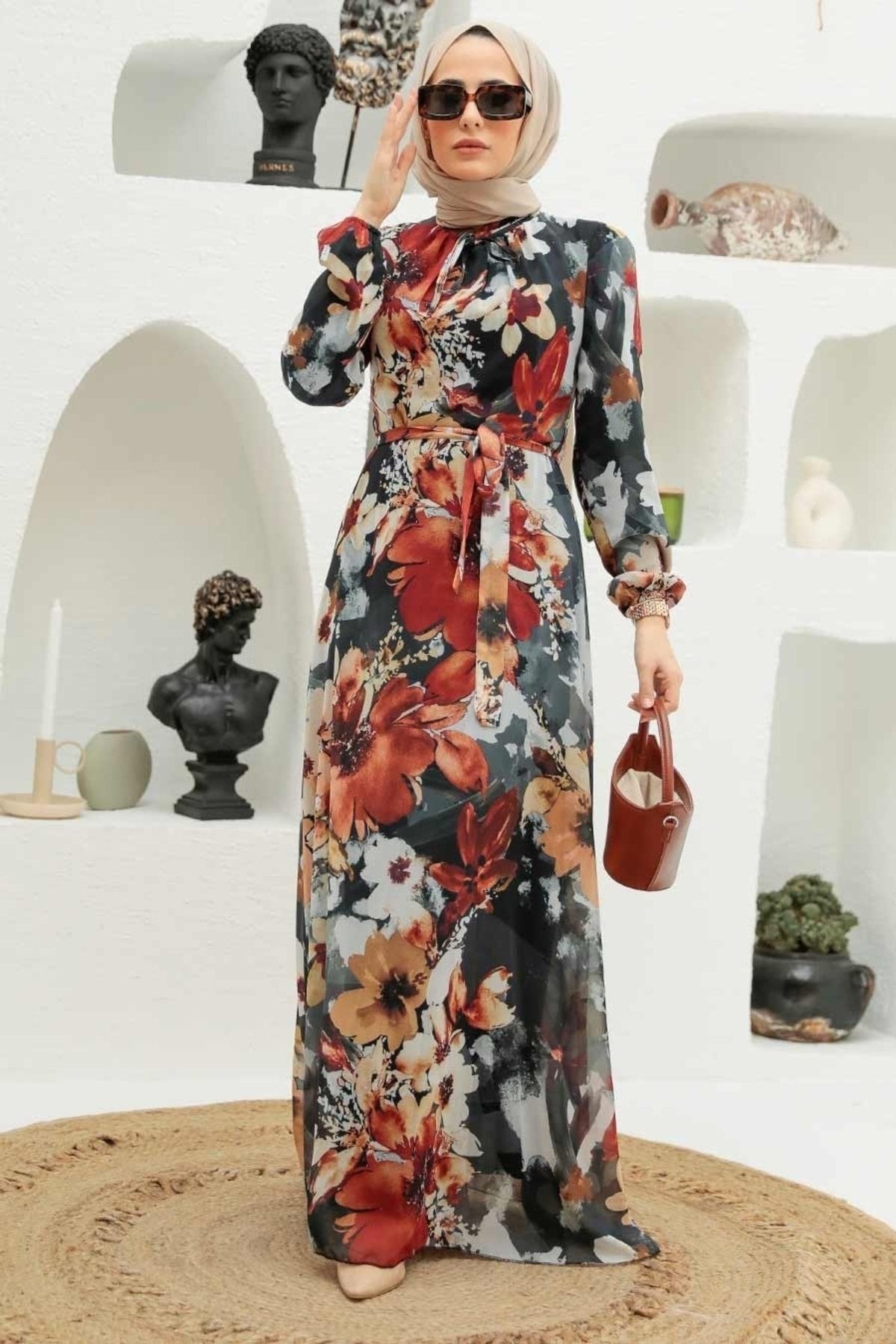 Neva Style - Çiçek Desenli Hardal Tesettür Elbise 27925hr