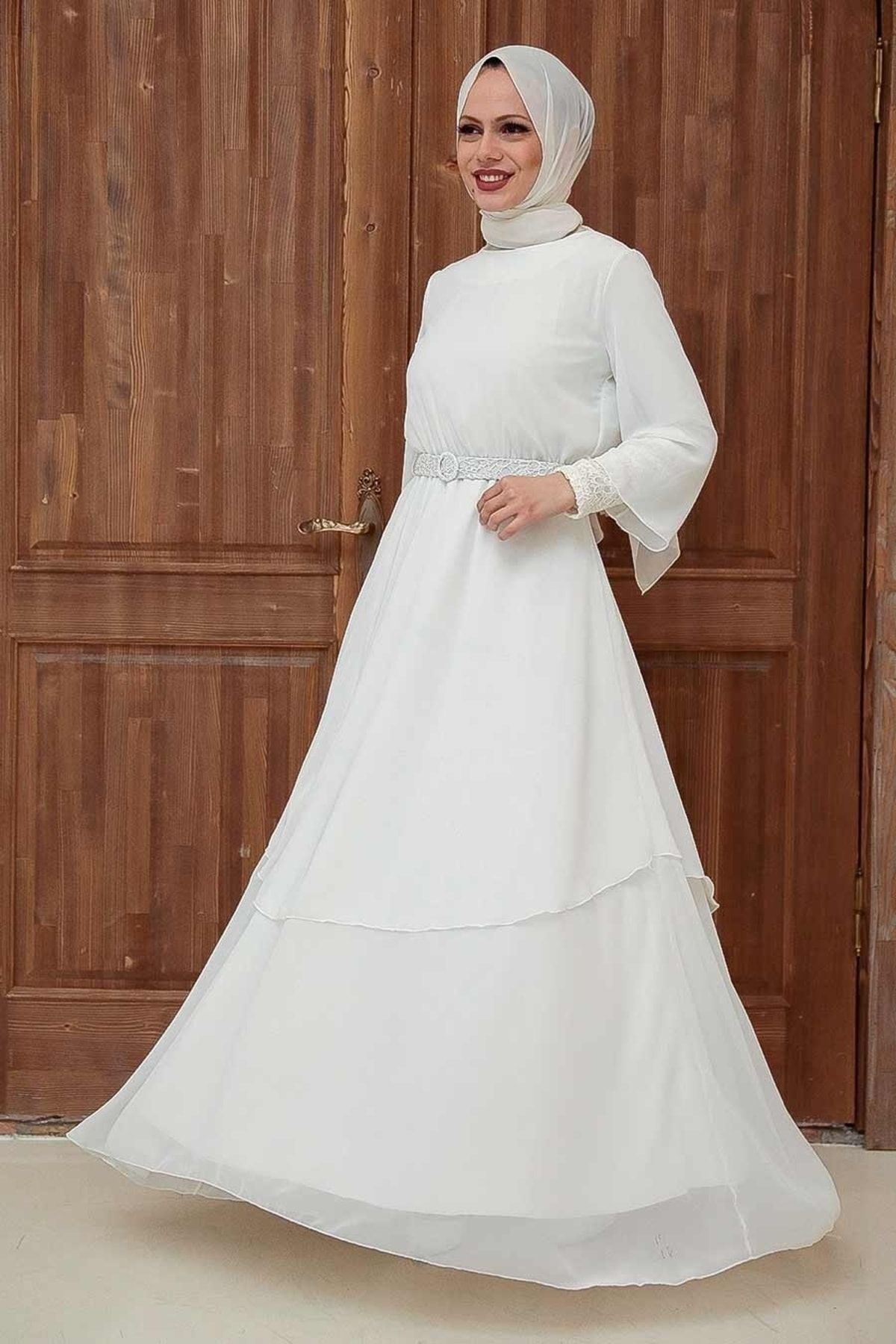 Neva Style Tesettürlü Abiye Elbise - Pul Payet Detaylı Ekru Tesettür Abiye Elbise 5489e