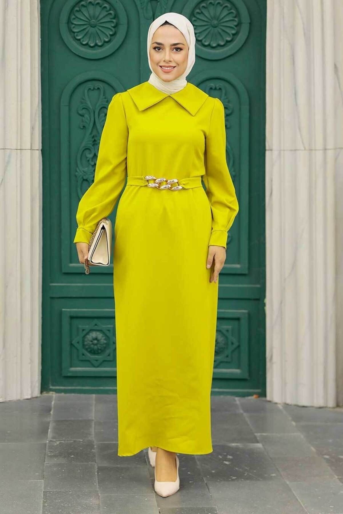 Neva Style - Zincir Detay Kemerli Asidik Sarı Tesettür Elbise 3420as