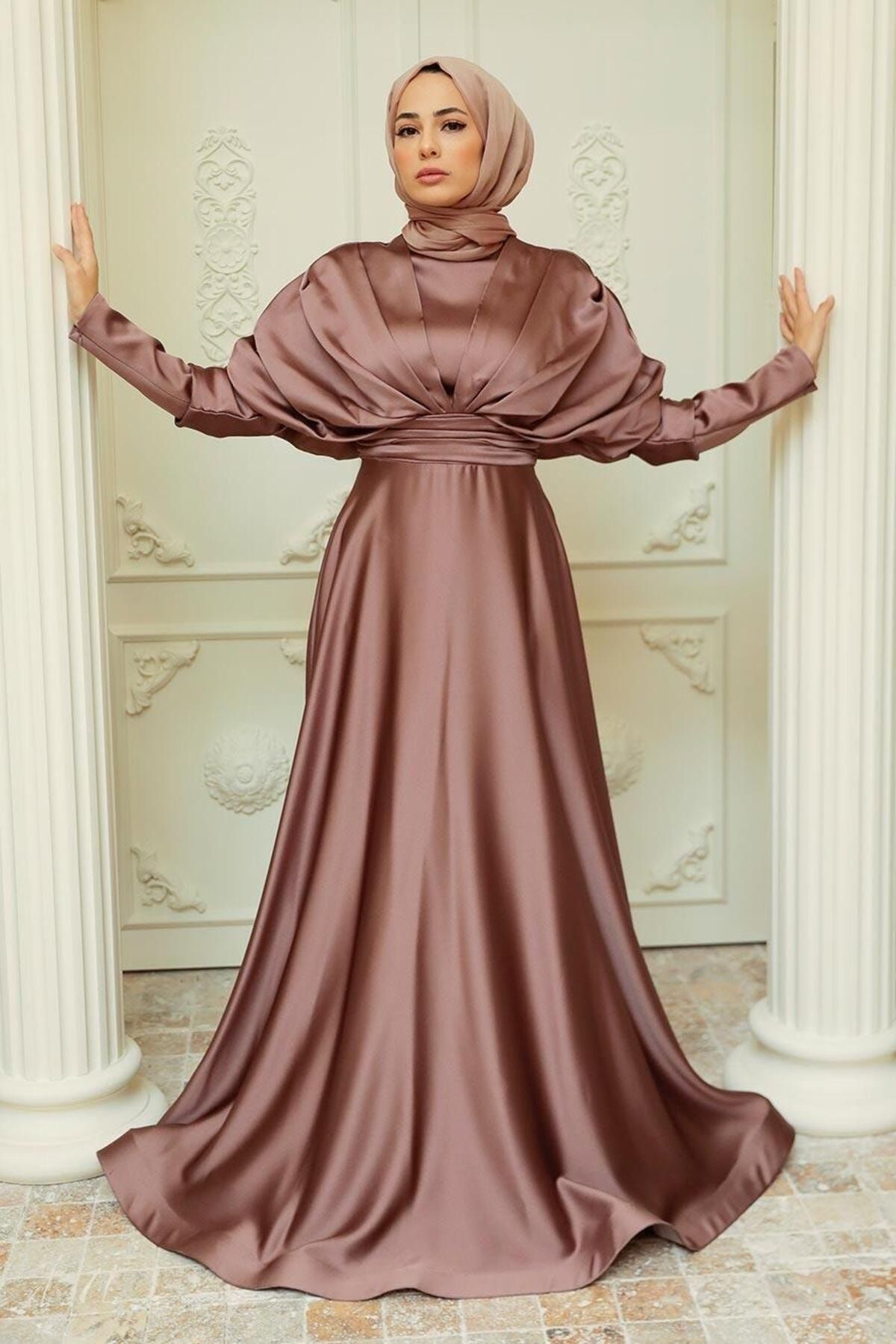 Neva Style Tesettürlü Abiye Elbise - Bakır Saten Tesettür Abiye Elbise 22470bkr