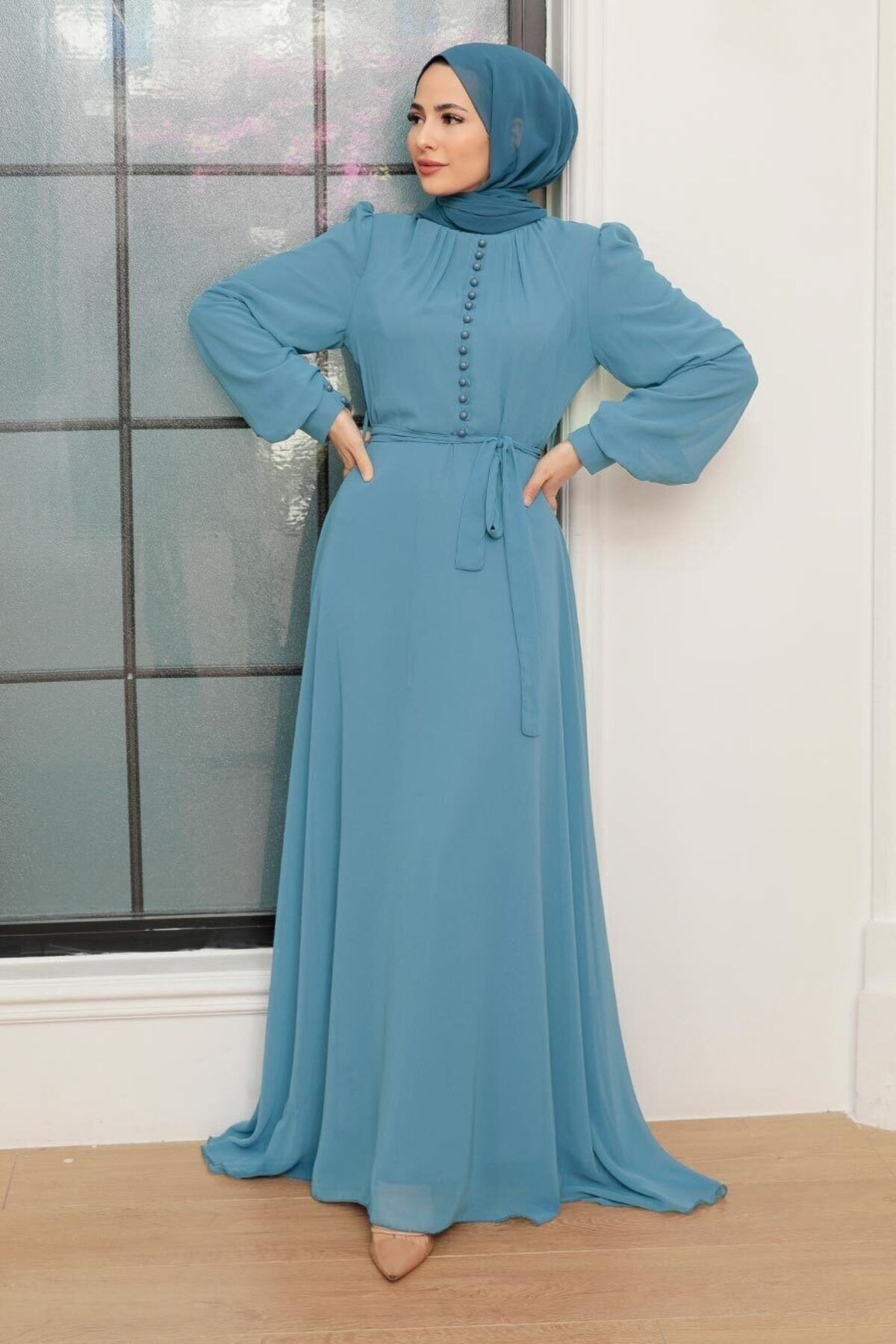Neva Style - Düğme Detaylı Turkuaz Tesettür Elbise 2703tr