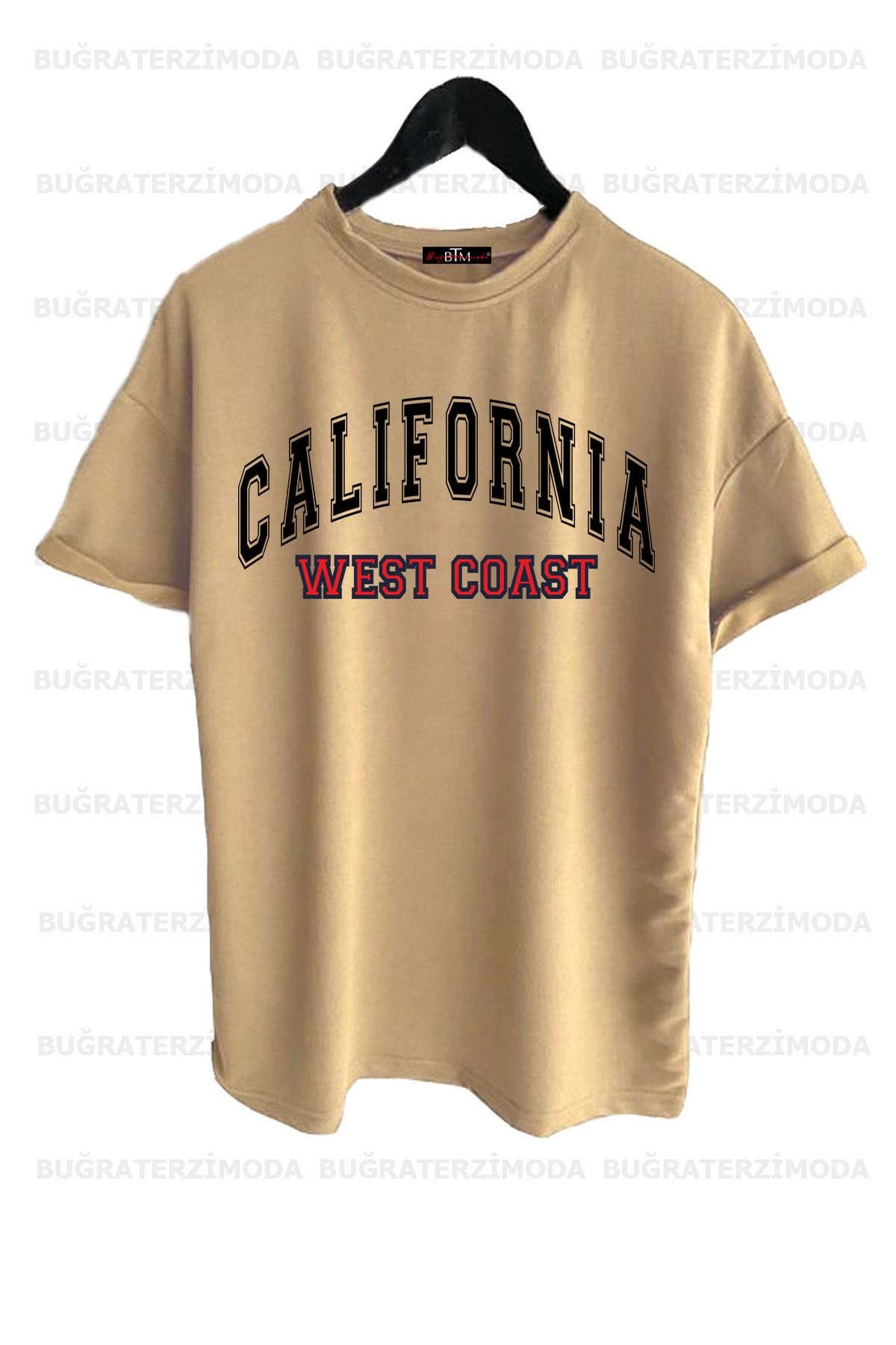 Buğraterzimoda California Baskılı Unisex Bej Rengi Oversize T-shirt