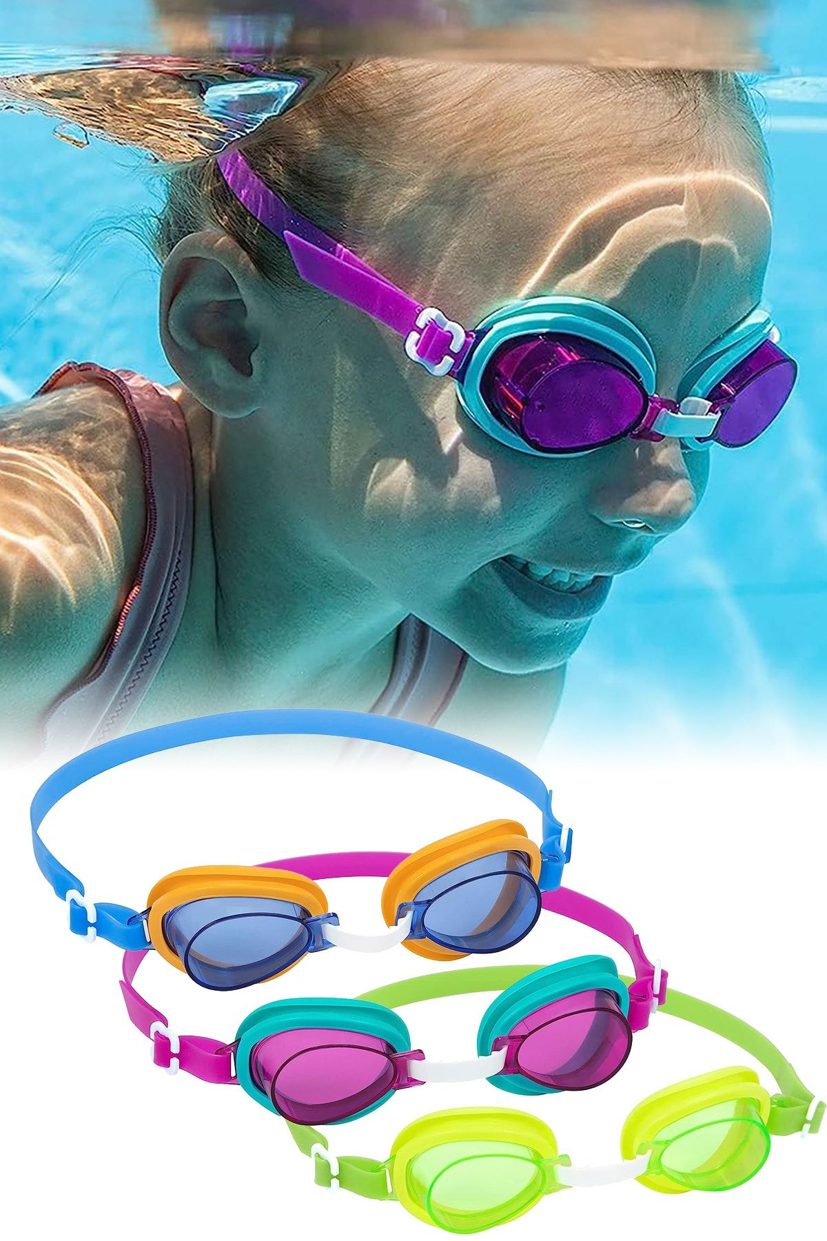 Binbirreyon Çocuk Deniz Gözlüğü Yüzücü Gözlüğü Renkli Lens Ayarlanabilir Kayışlı GB128R