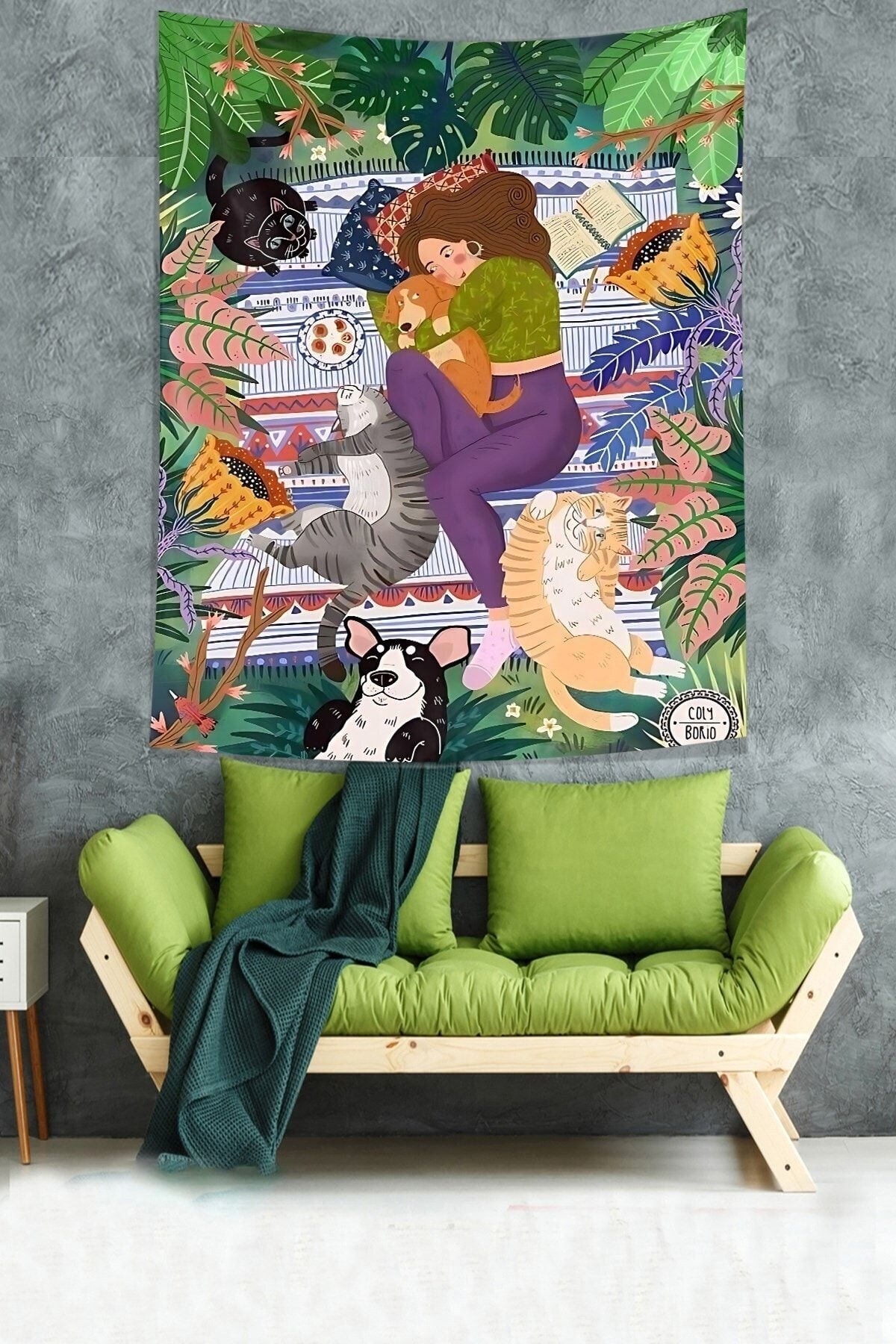 on the clouds Mutlu Hayvansever Kız Temalı Leke Tutmaz Kumaş Duvar Örtüsü Duvar Halısı Tapestry