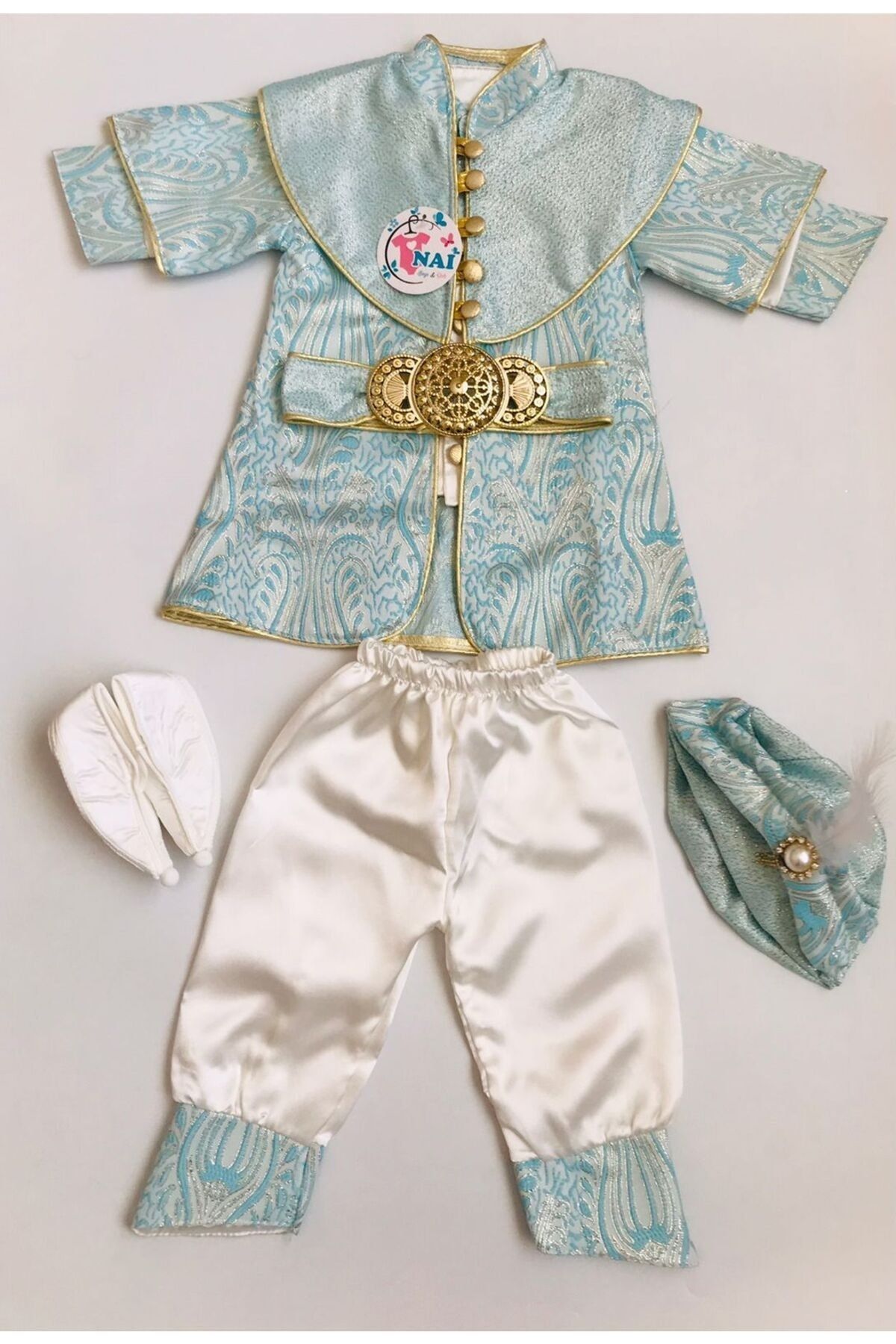 Nai baby Altın Renk Kemerli Erkek Bebek Şehzade Takımı Sünnetlik Özel Gün Kıyafeti Gold 5 Parça