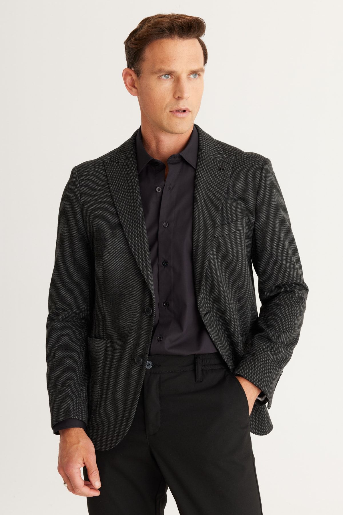 Altınyıldız Classics Erkek Siyah-antrasit Slim Fit Dar Kesim Kırlangıç Yaka Desenli Blazer Ceket
