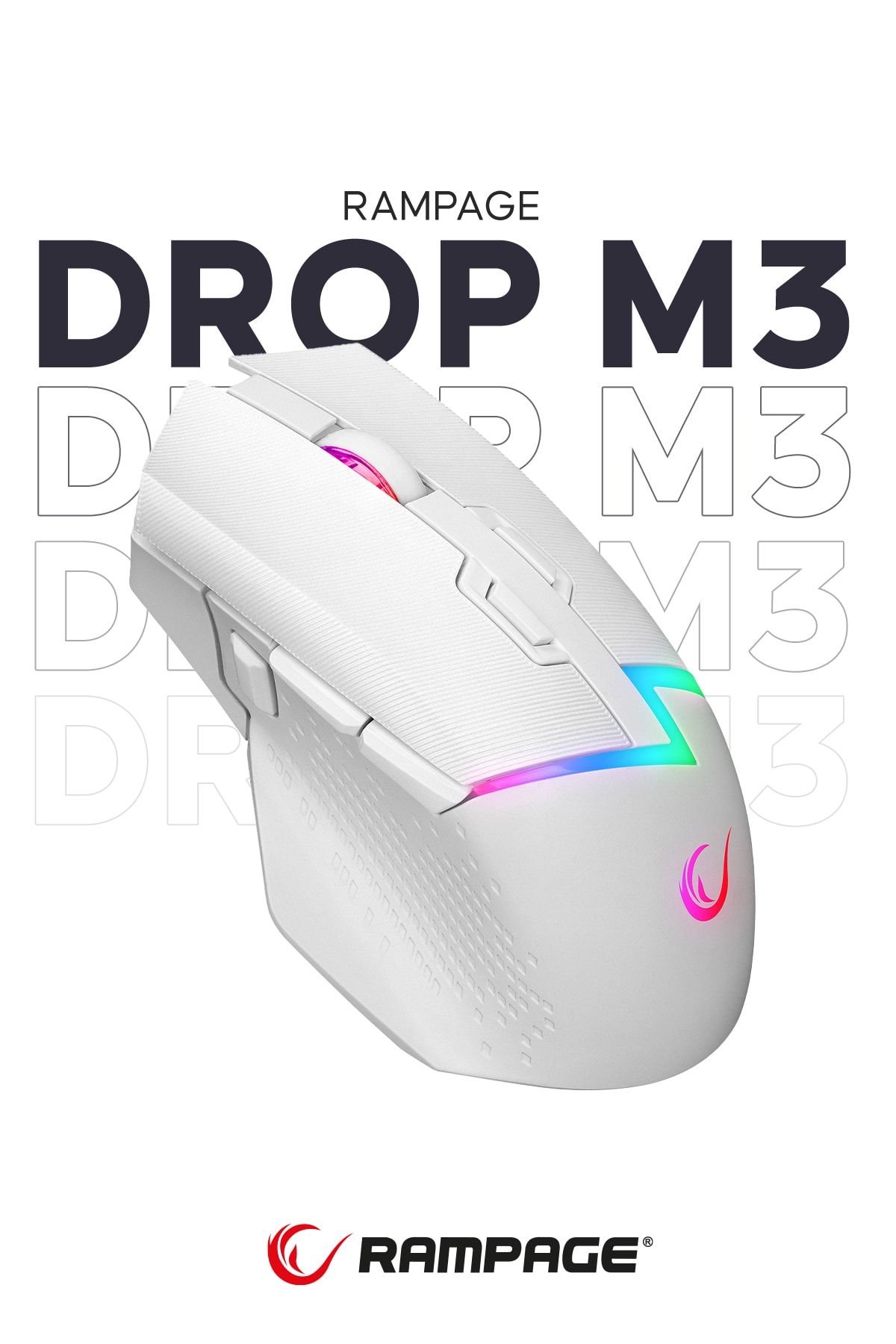 Rampage DROP M3 Beyaz RGB Şarjlı Kablolu/Kablosuz 10000DPI 10D Gaming Oyuncu Mouse