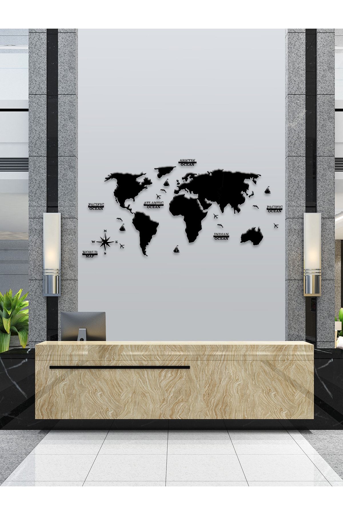 KEMSON 2d Siyah Dünya Haritası Duvar Dekorasyonu