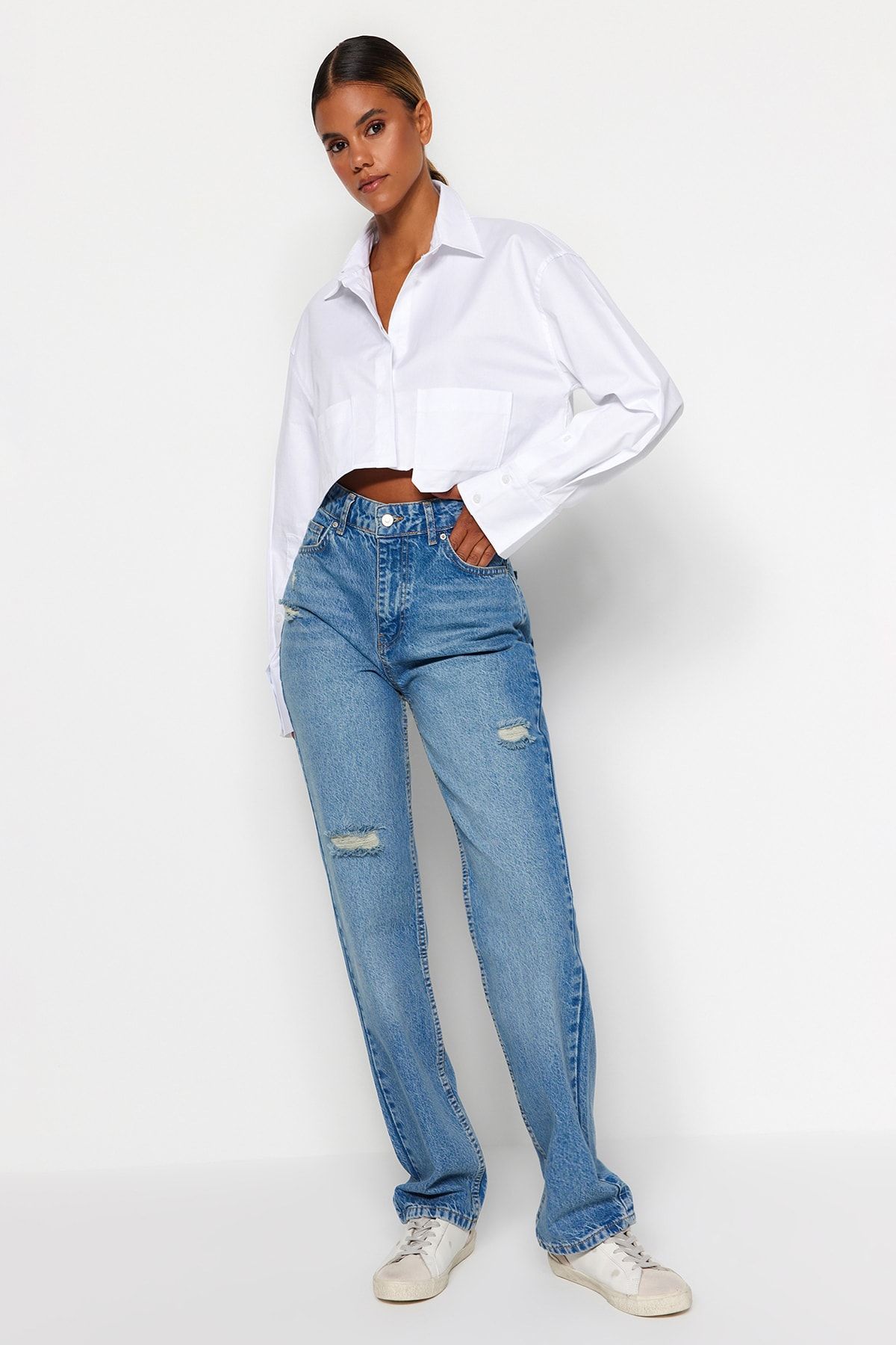 TRENDYOLMİLLA Mavi Yırtıklı Yüksek Bel Uzun Straight Jeans TWOAW24JE00033