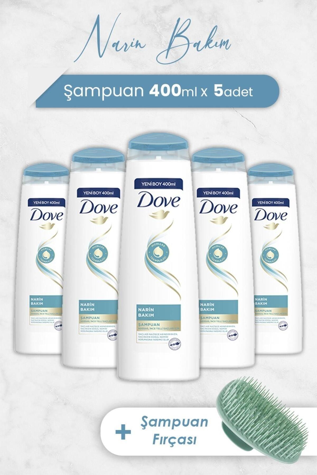 Dove Saç Bakım Şampuanı Narin Bakım 400 ml x 5 Adet ve Şampuan Fırçası