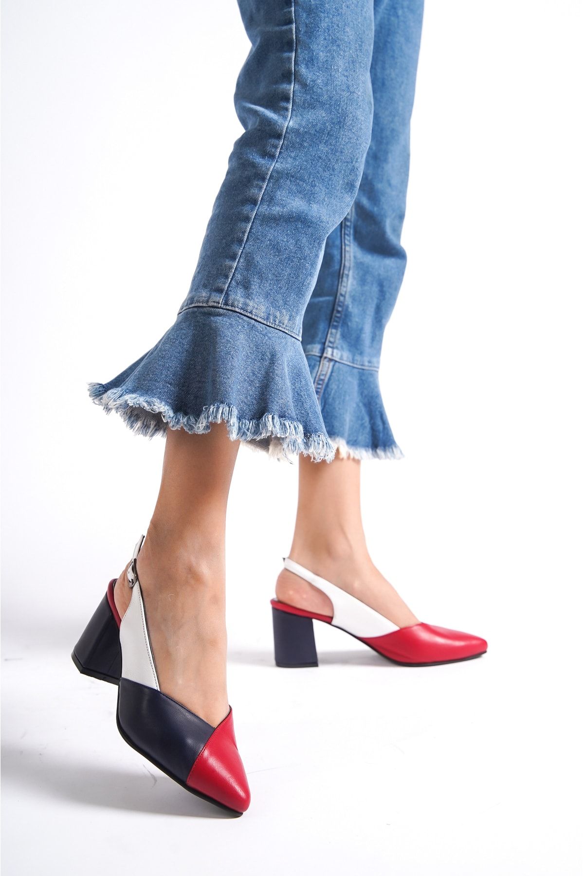 Deripabuc Hakiki Deri Kırmızı Multi Kadın Topuklu Deri Ayakkabı Shn-0813