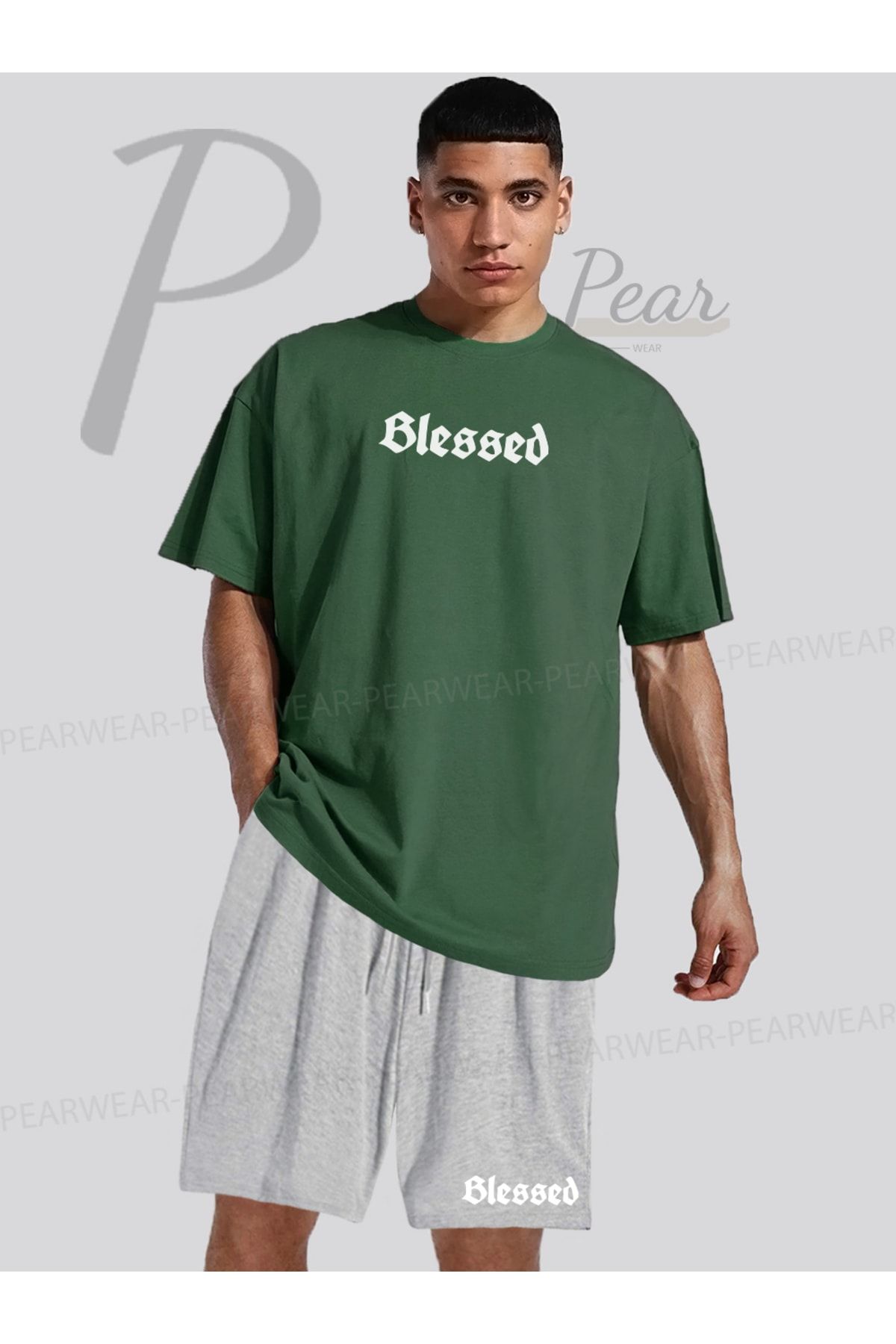 Pear Wear Blessed Baskılı Oversize Tişört Regular Fit Şort T-Shirt Şort İkili Takım