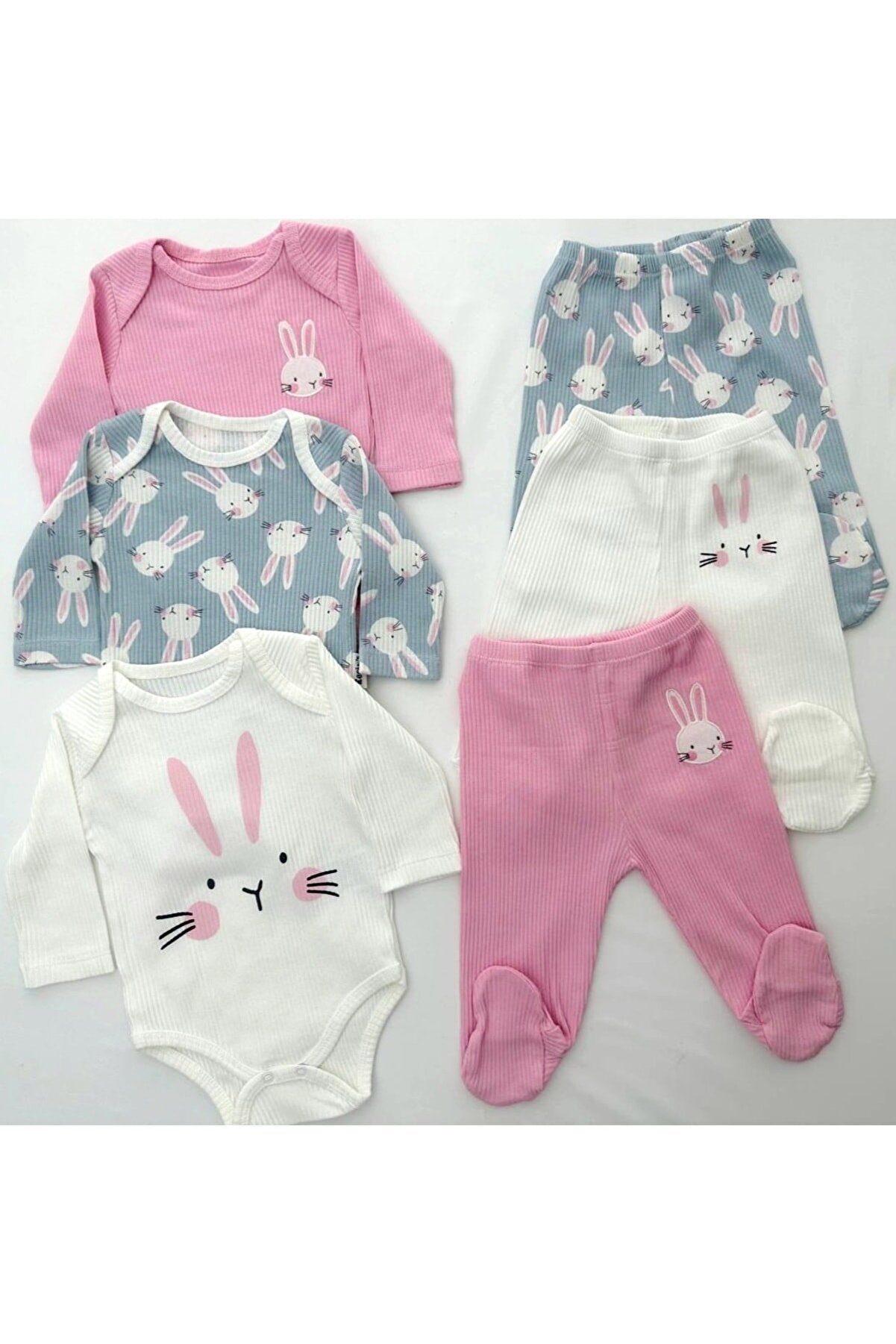Necix's Necix’s tavşan desenli pembe kız bebek kıyafeti 6’lı alt üst takım (3 çıtçıtlı body+3 patikli alt)