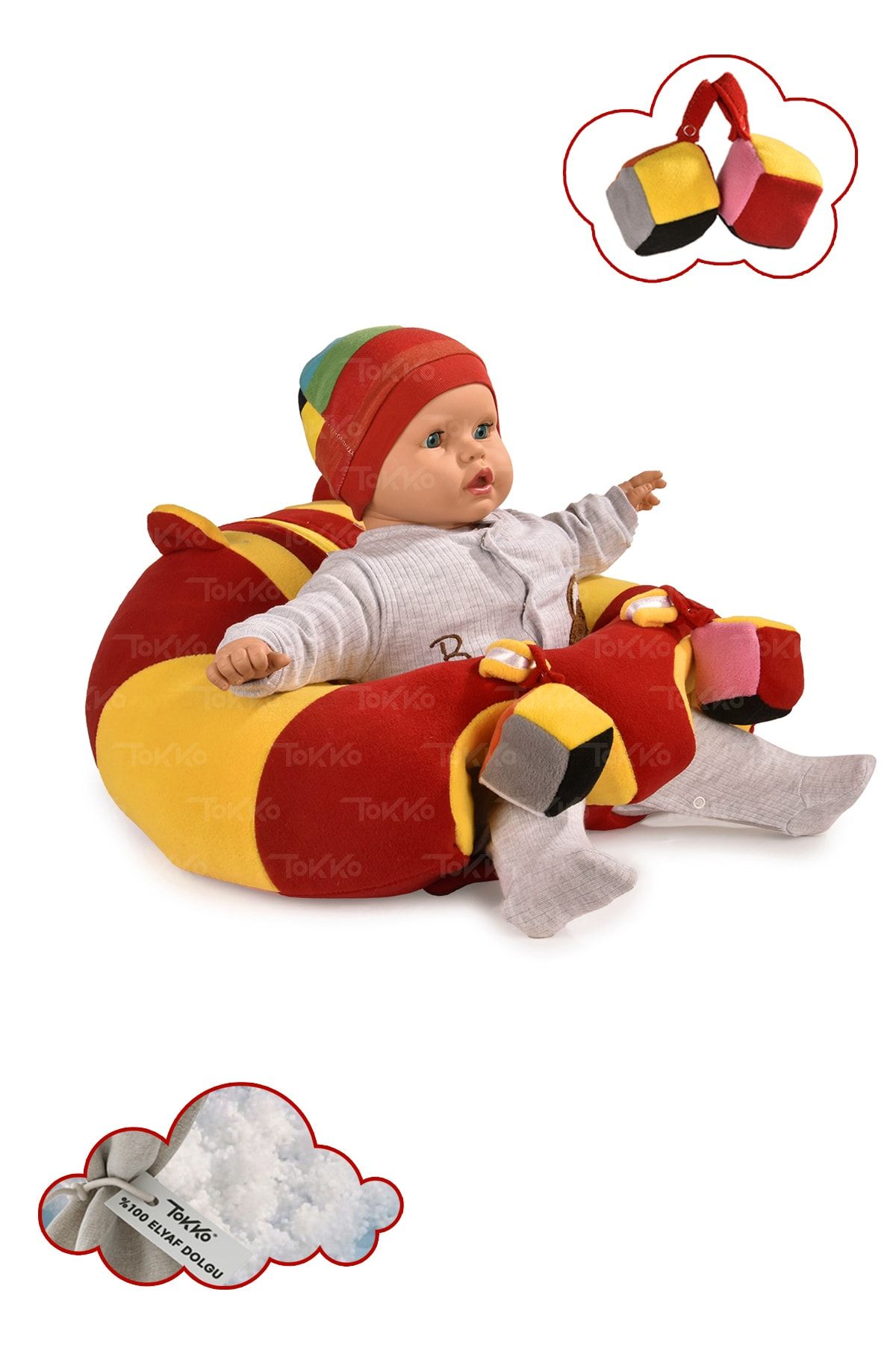 TOKKO Oyuncaklı Bebek Oturma Destek Minderi - Devrilmez Bebek Koltuğu - Büyük Bebek Oturağı Kırmızı Sarı