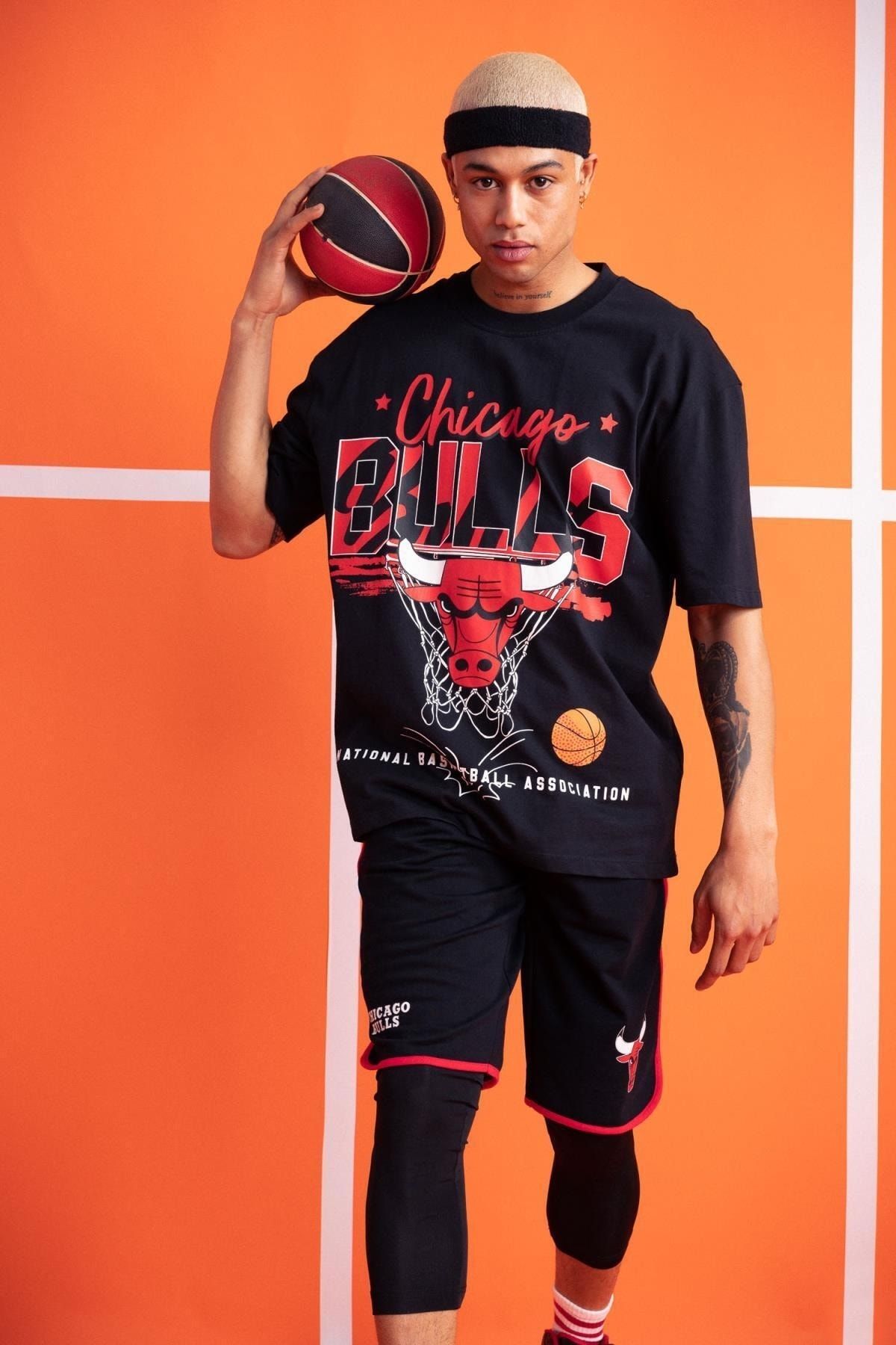 Defacto Fit Nba Chicago Bulls Oversize Fit Bisiklet Yaka %100 Pamuk Tişört