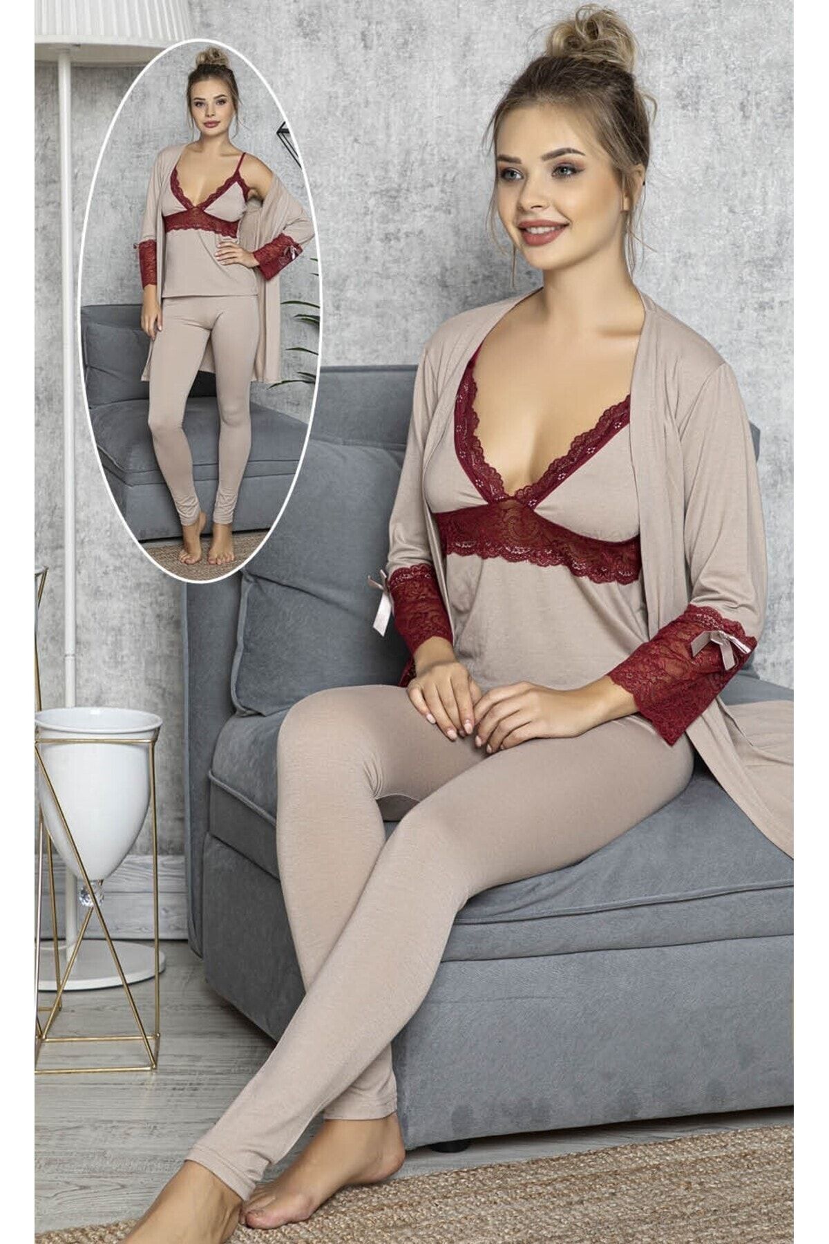 JENİKA Kadın Dantel Detaylı 3'lü Sabahlıklı Pijama Takımı