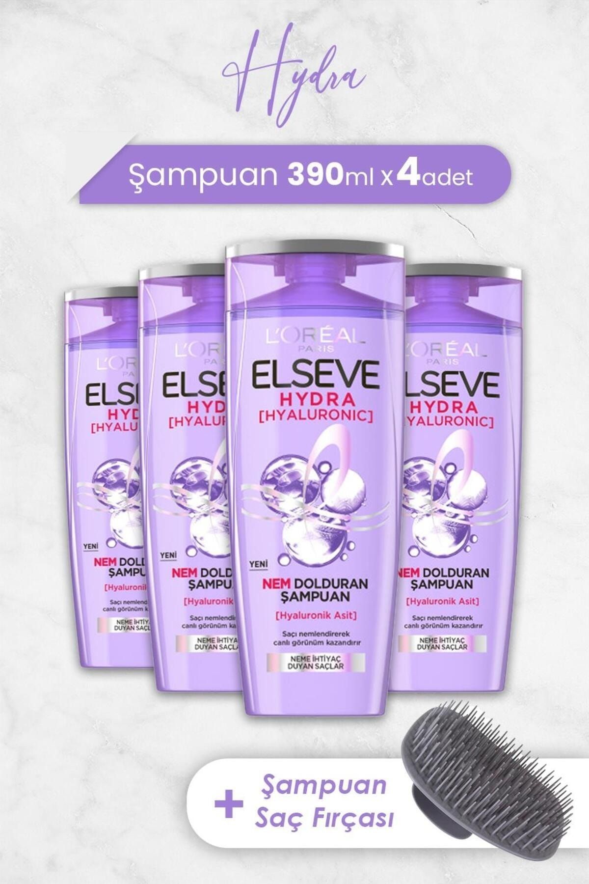 Elseve Hydra Hyaluronik Şampuan 390 ml x 4 Adet ve Şampuan Fırçası