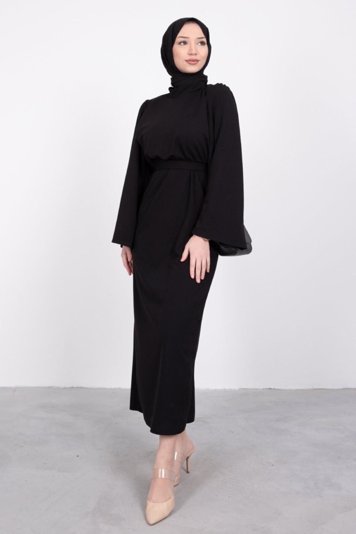 Lamia Giyim Volan Kol Kuşaklı Tesettür Elbise Siyah