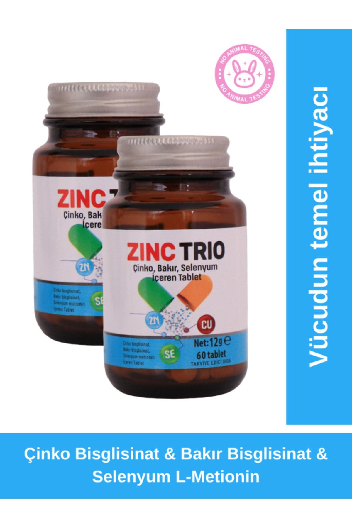 ZINC TRIO 2'li Paket Çinko, Bakır Ve Selenyum İçeren Mineral Takviyesi 60 Tablet