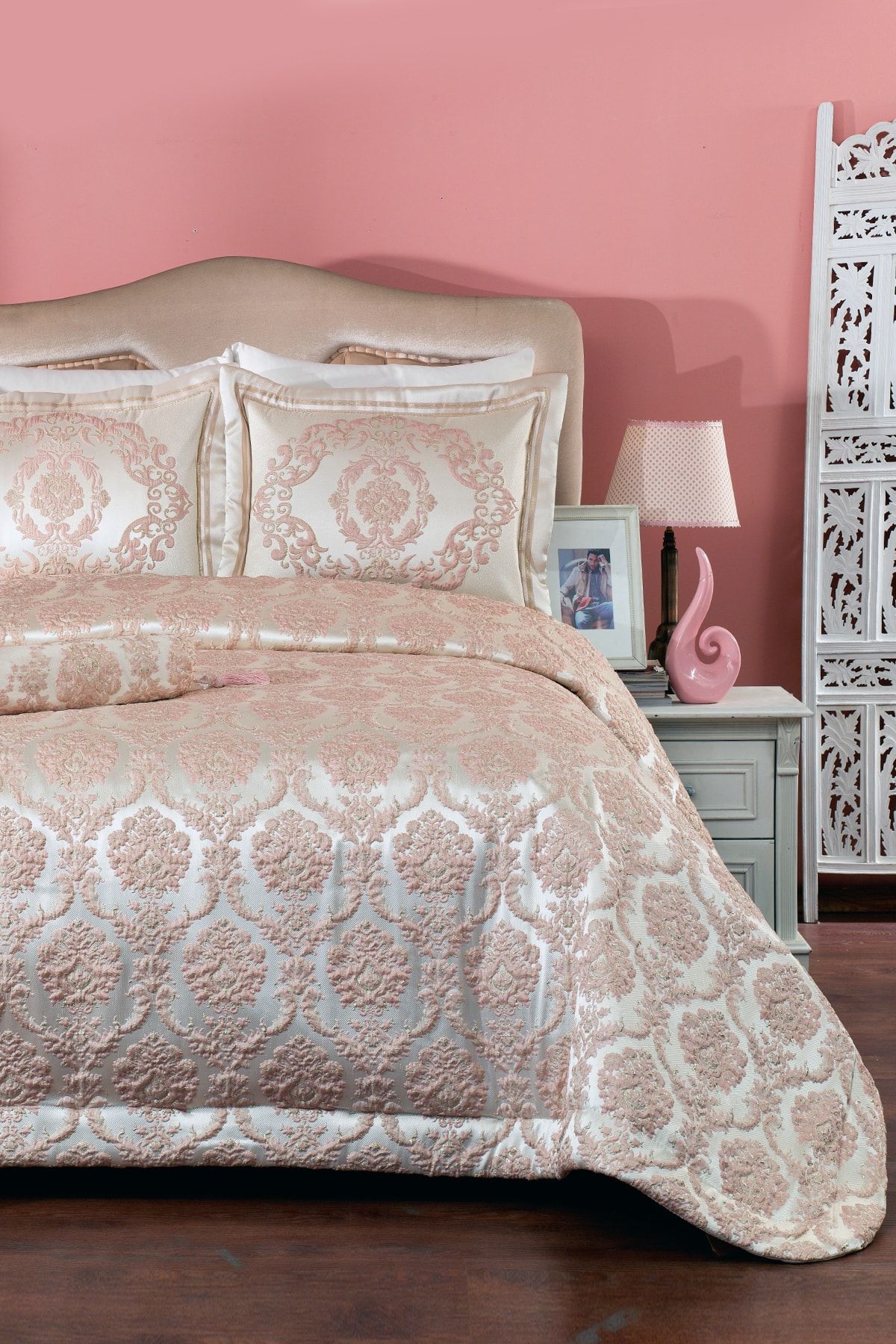 Evlen Home Collection Hilal Dz Jakarlı Yatak Örtüsü Çeyizlik Günlük Abiye Elyaflı Çift Kişilik Lüks 4 Parça Pink/gold