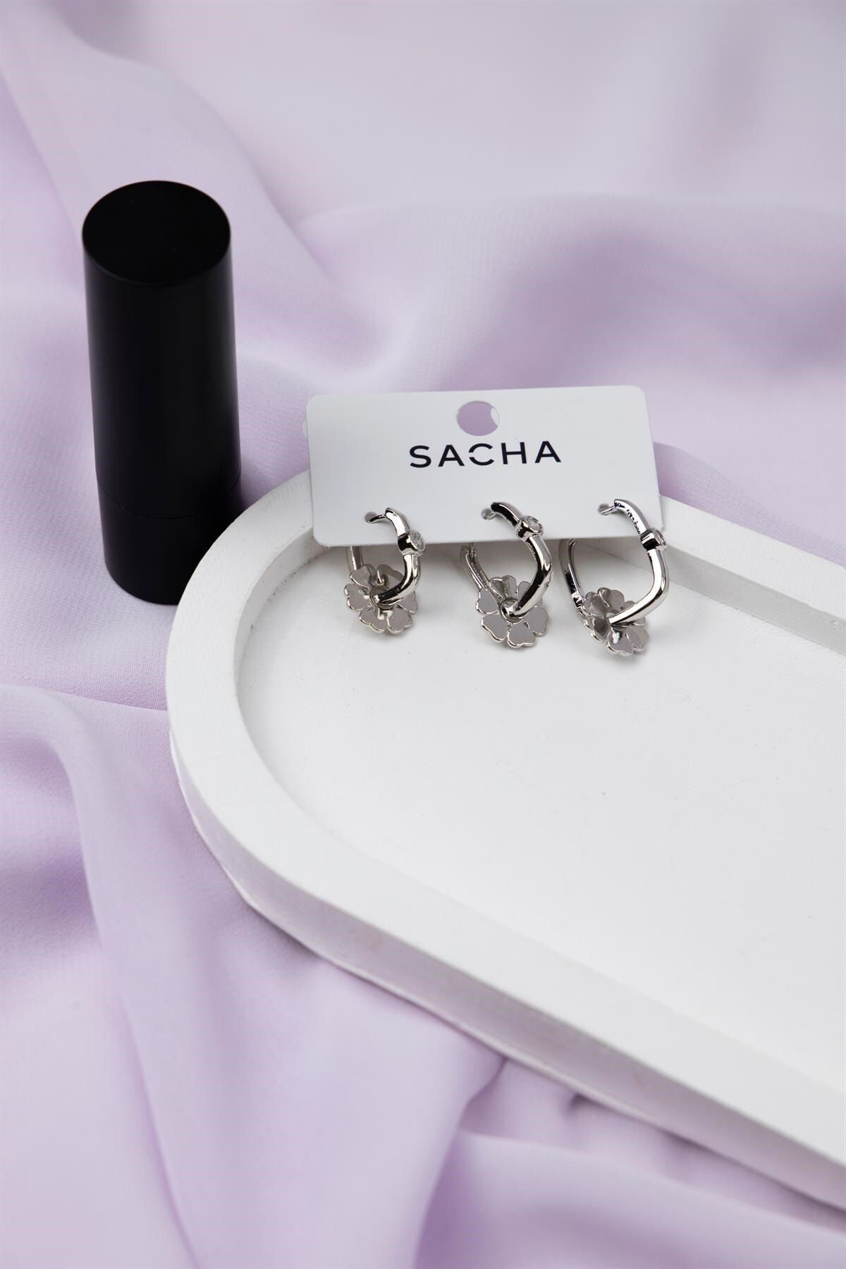 Sacha Accessories Çiçek Figürlü Gümüş Halka Set Küpe