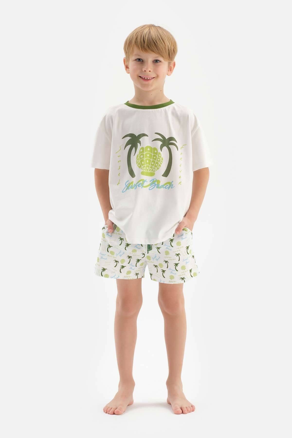 Dagi Beyaz Erkek Çocuk Palmiye Baskılı Şortlu Pijama Takımı