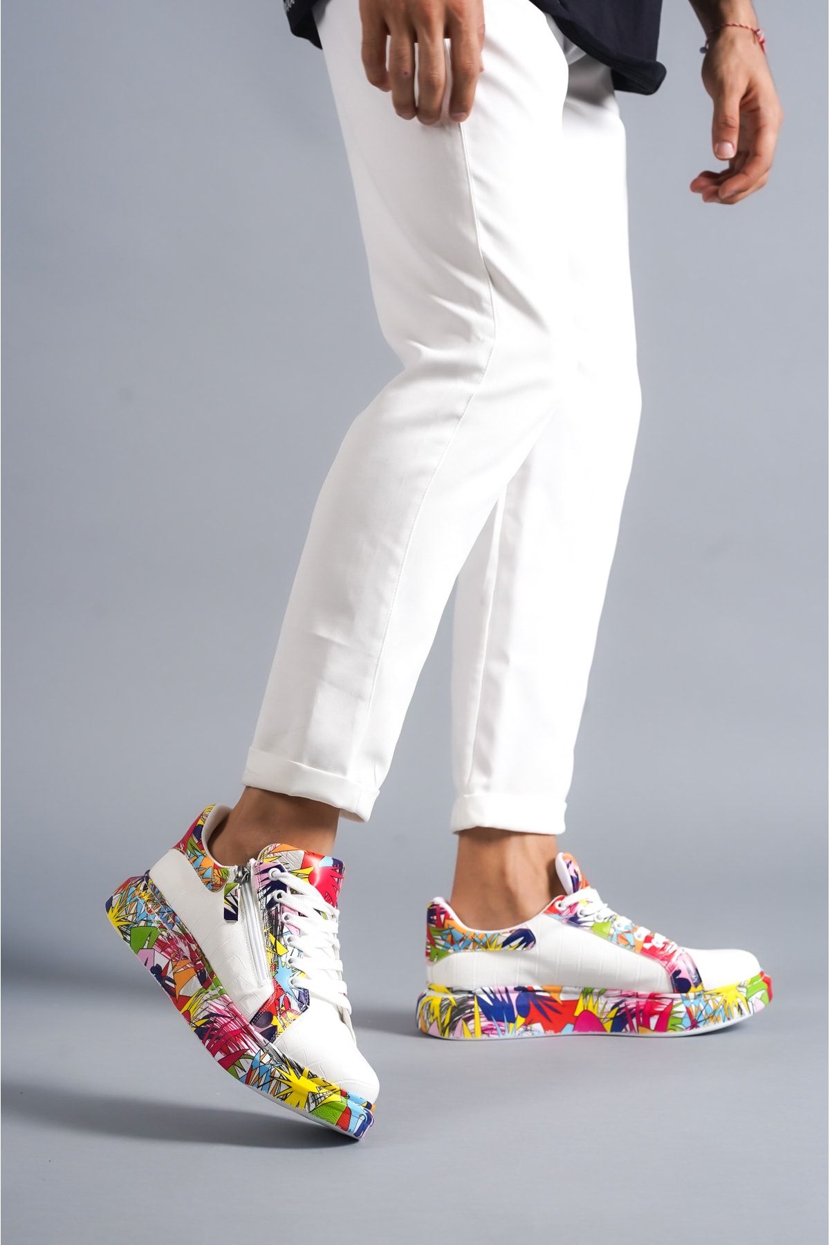 BZ Moda B02 BT Bağcıklı Fermuarlı Timsah Desenli Krmızı Baskılı Ortopedik Taban Erkek Sneaker Ayakkabı Beyaz