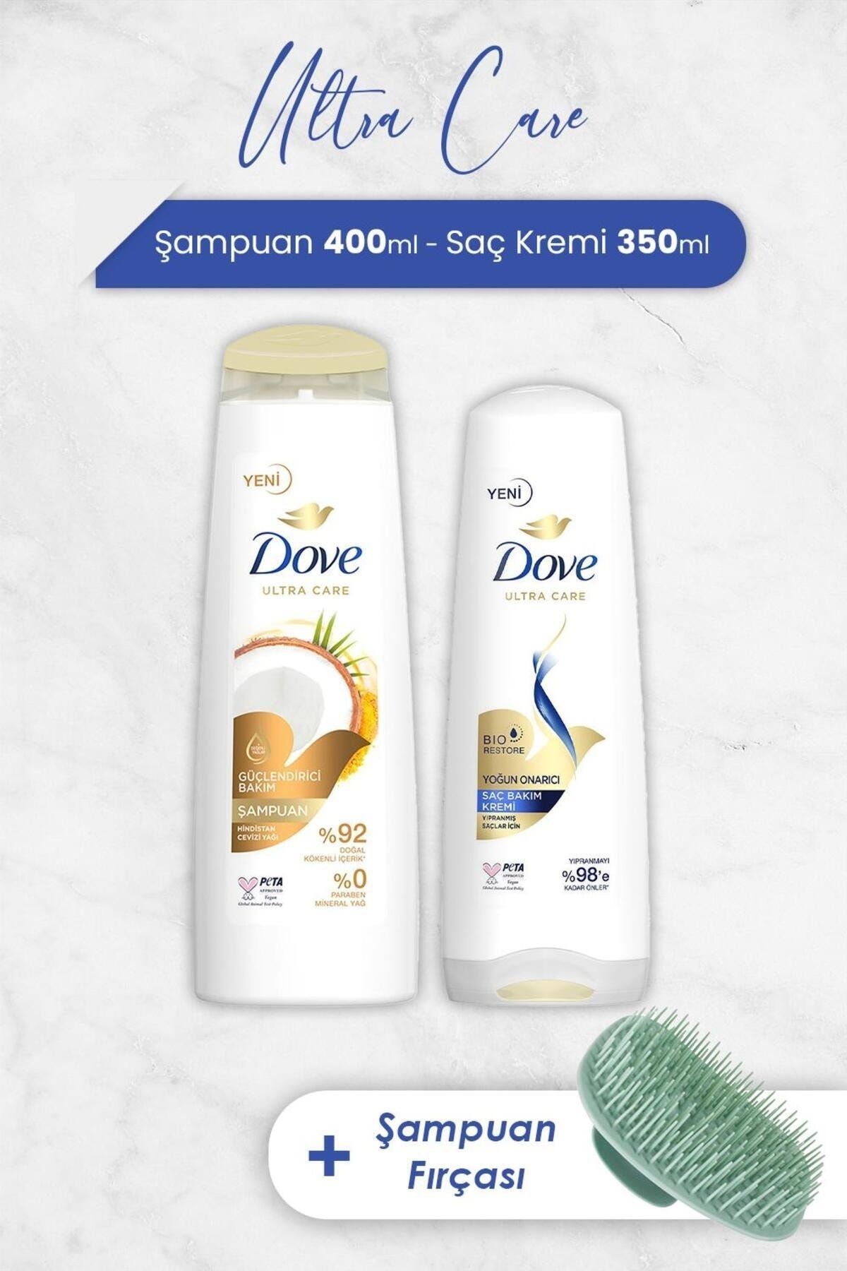 Dove Ultra Care Şampuan Hindistan Cevizi, Yoğun Onarıcı Krem ve Şampuan Fırçası