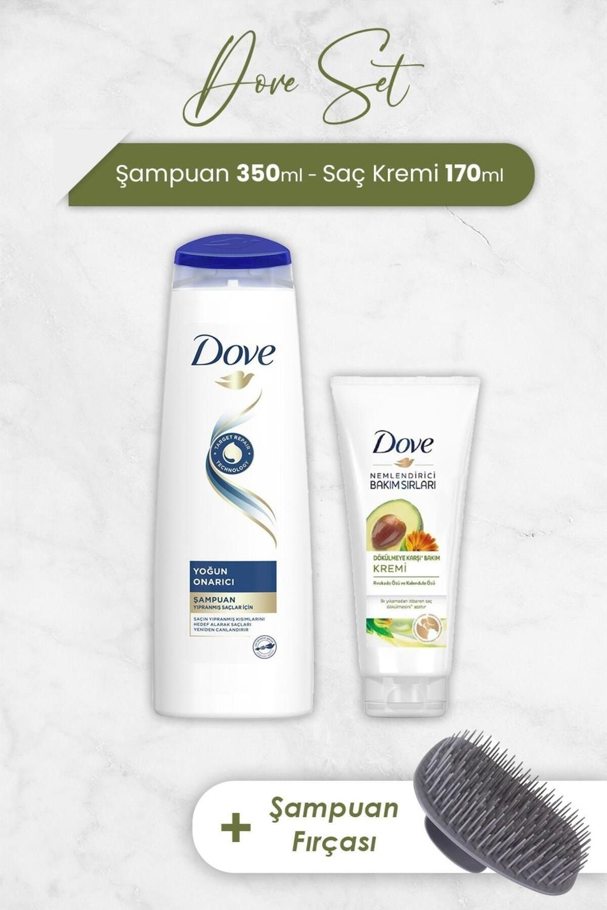 Dove Saç Bakım Yoğun Onarıcı Şampuan, Nemlendirici Saç Kremi ve Şampuan Fırçası
