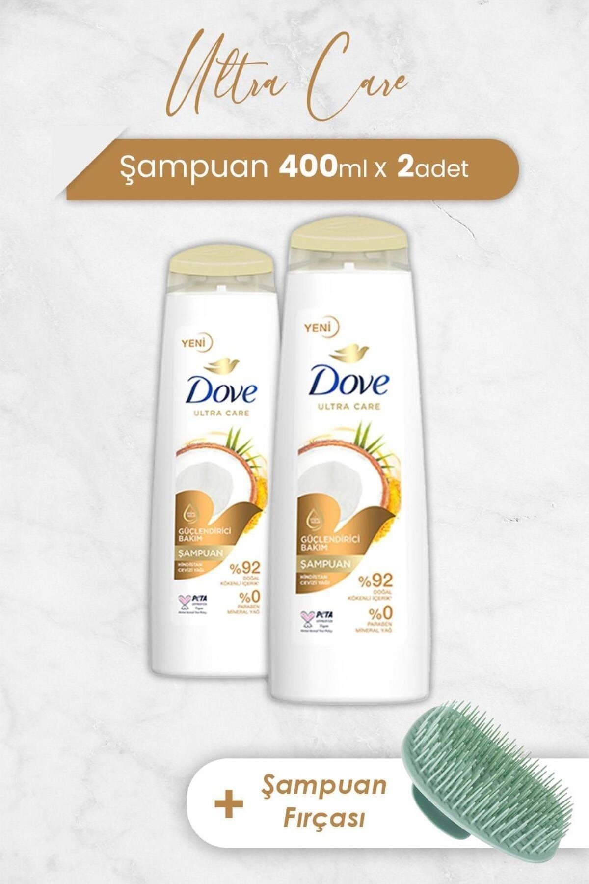 Dove Ultra Care Şampuan Hindistan Cevizi 400 ml x 2 Adet ve Şampuan Fırçası
