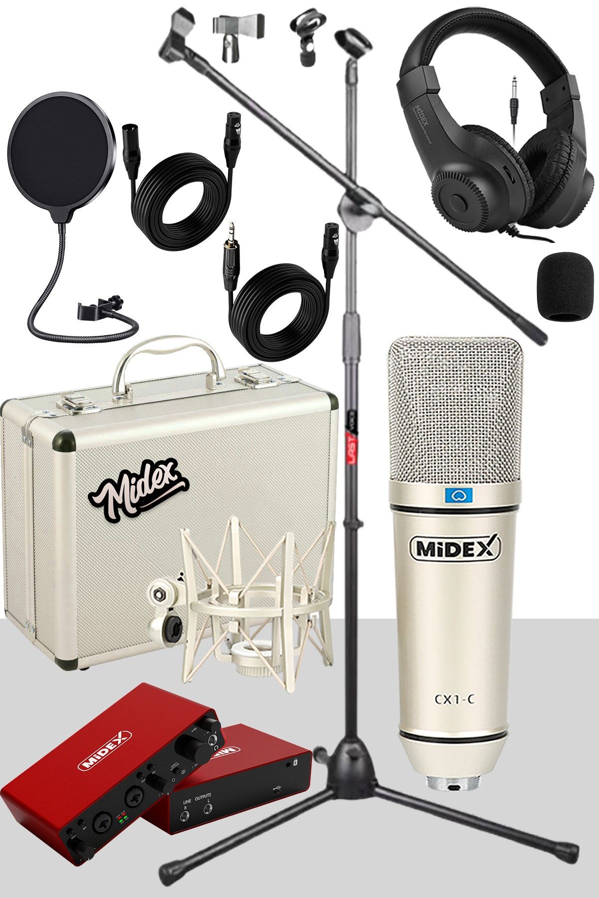 Midex Cx1-c Mikrofon Glx-800 Kulaklık Ms06 Stand Shock Mount Pop Filtre Set