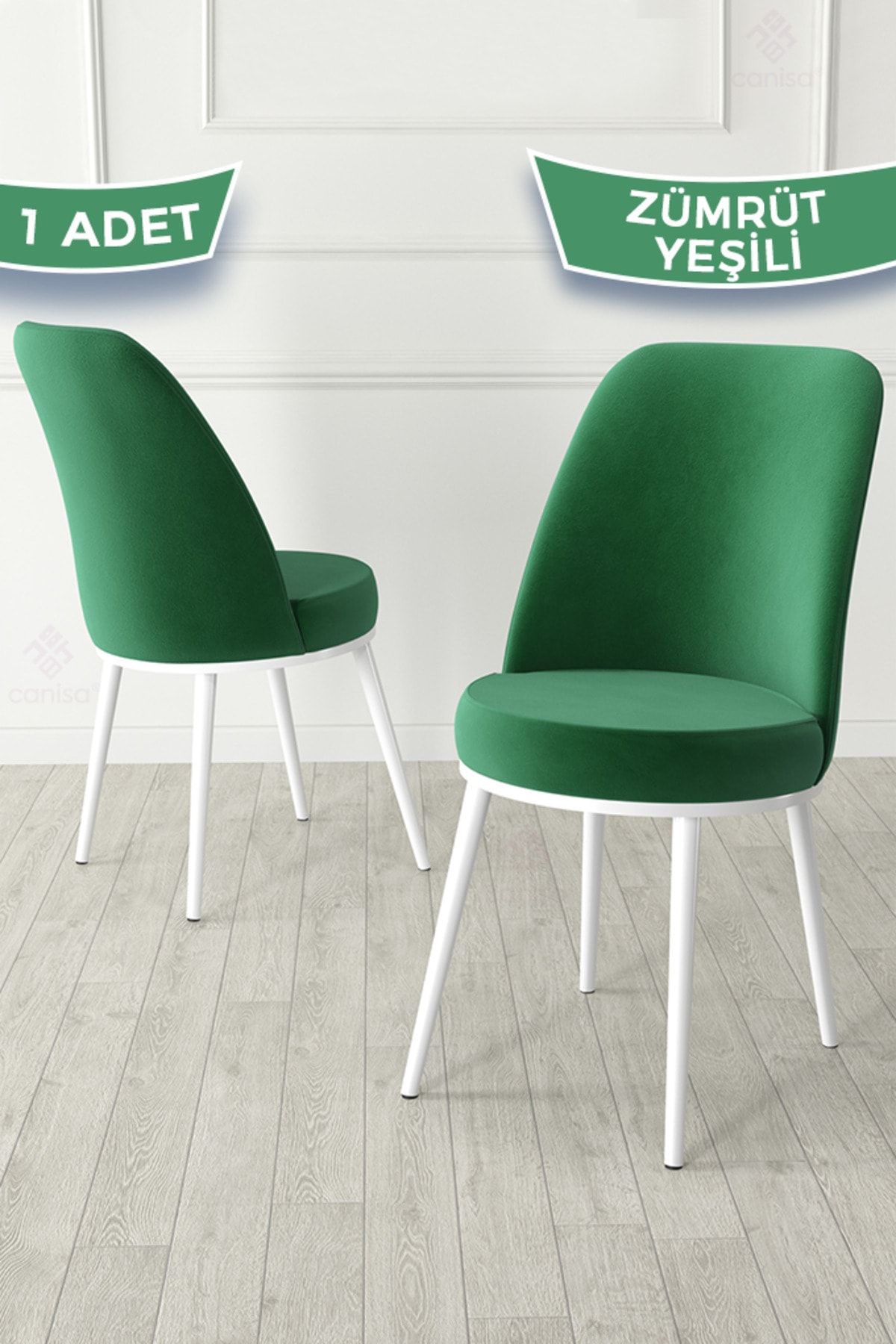 Canisa Jaxe Serisi 1 Adet Zümrüt Yeşili Yemek Odası Sandalyesi Metal Beyaz İskeletli