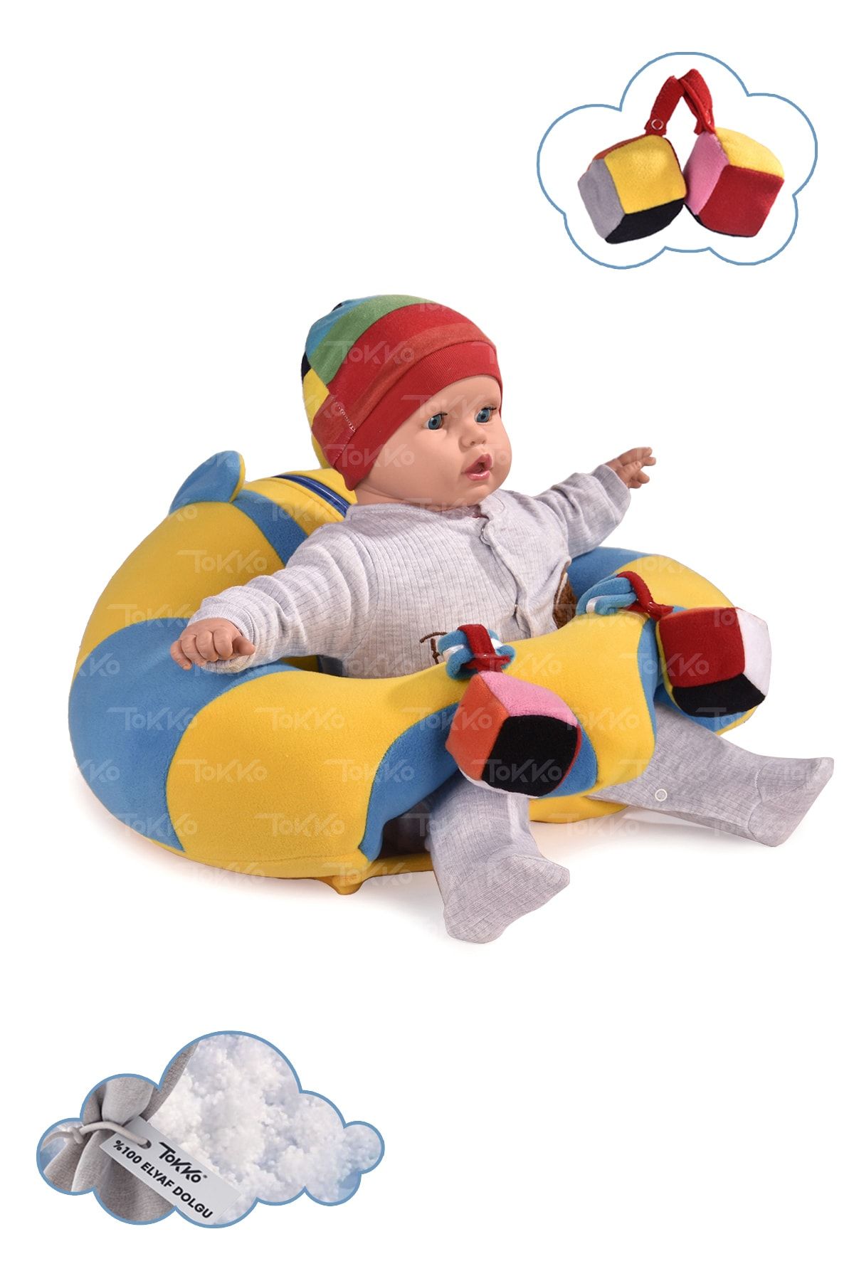 TOKKO Oyuncaklı Bebek Oturma Destek Minderi - Devrilmez Bebek Koltuğu - Büyük Bebek Oturağı Sarı Mavi