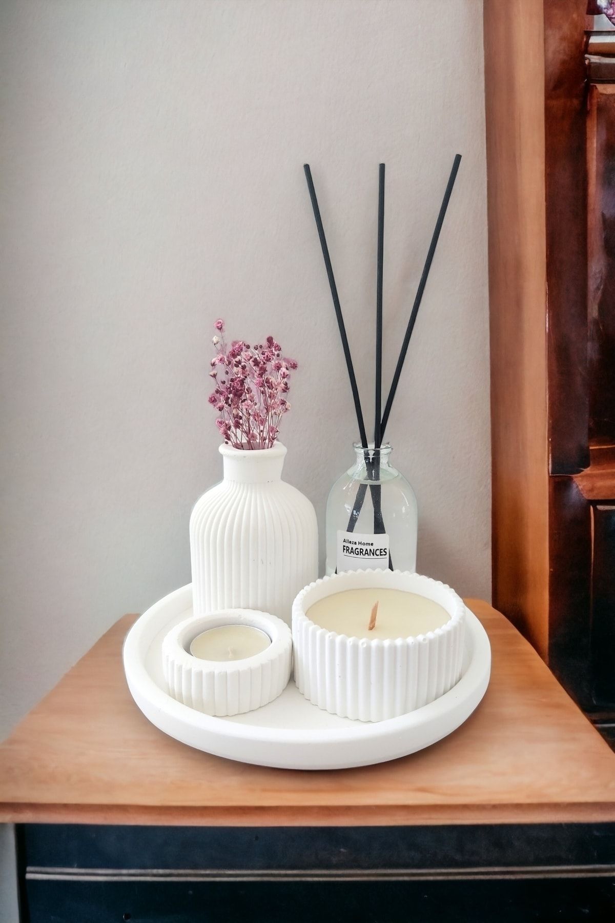 ALLEZA HOME Dekoratif Minyatür Çizgili Vazo Fresh Soft Koku Mumlu Set (TEALİGHT MUM DAHİL DEĞİLDİR)