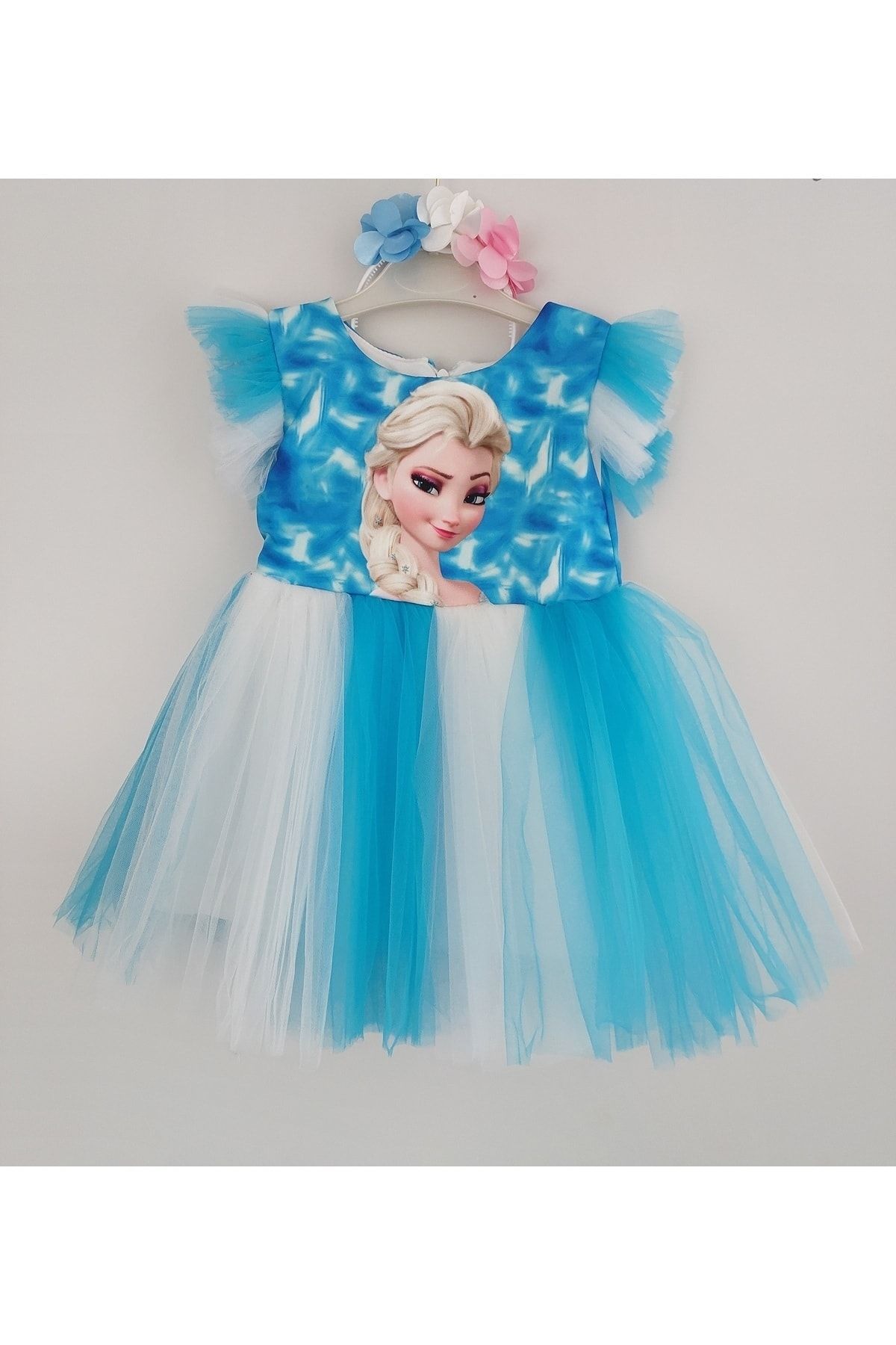 Kids Elsa Frozen Karlar Ülkesi Eteği Tül Taç Aksesuarlı Çocuk Parti Doğum Günü Elbisesi (1-4yaş)