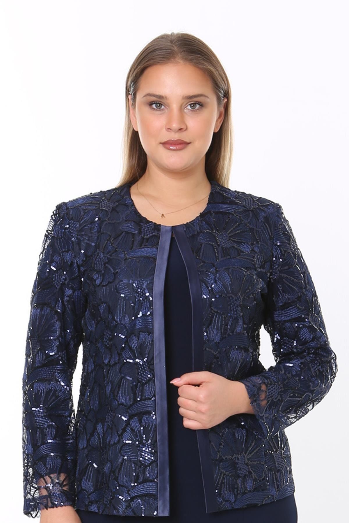 Ladies First Büyük Beden 3808 Lacivert Ceket+Bluz Takım
