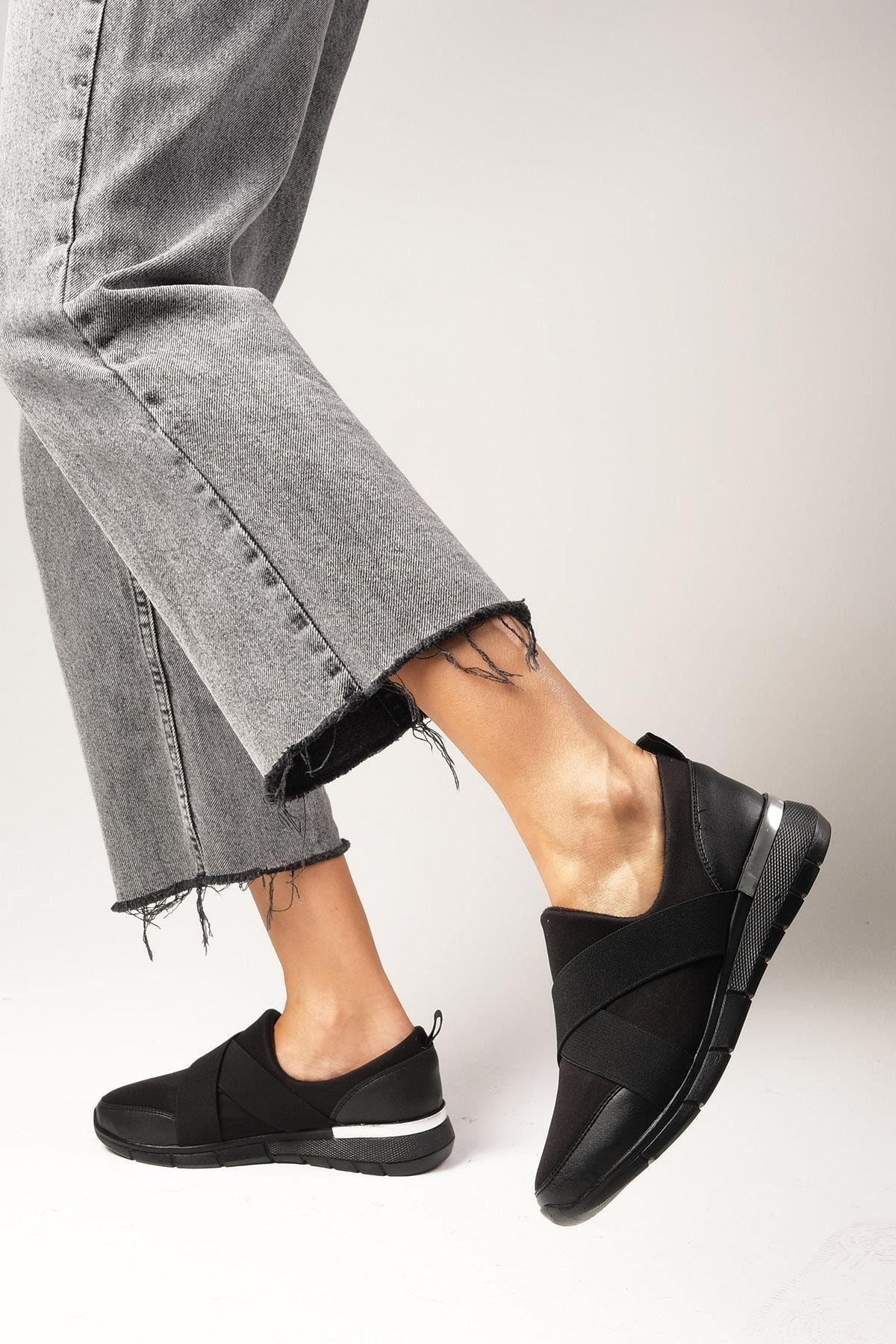Mio Gusto Leni Siyah Renk Likra Kumaş Streç Kadın Günlük Rahat Spor Sneaker Ayakkabı, Anne Ayakkabıs
